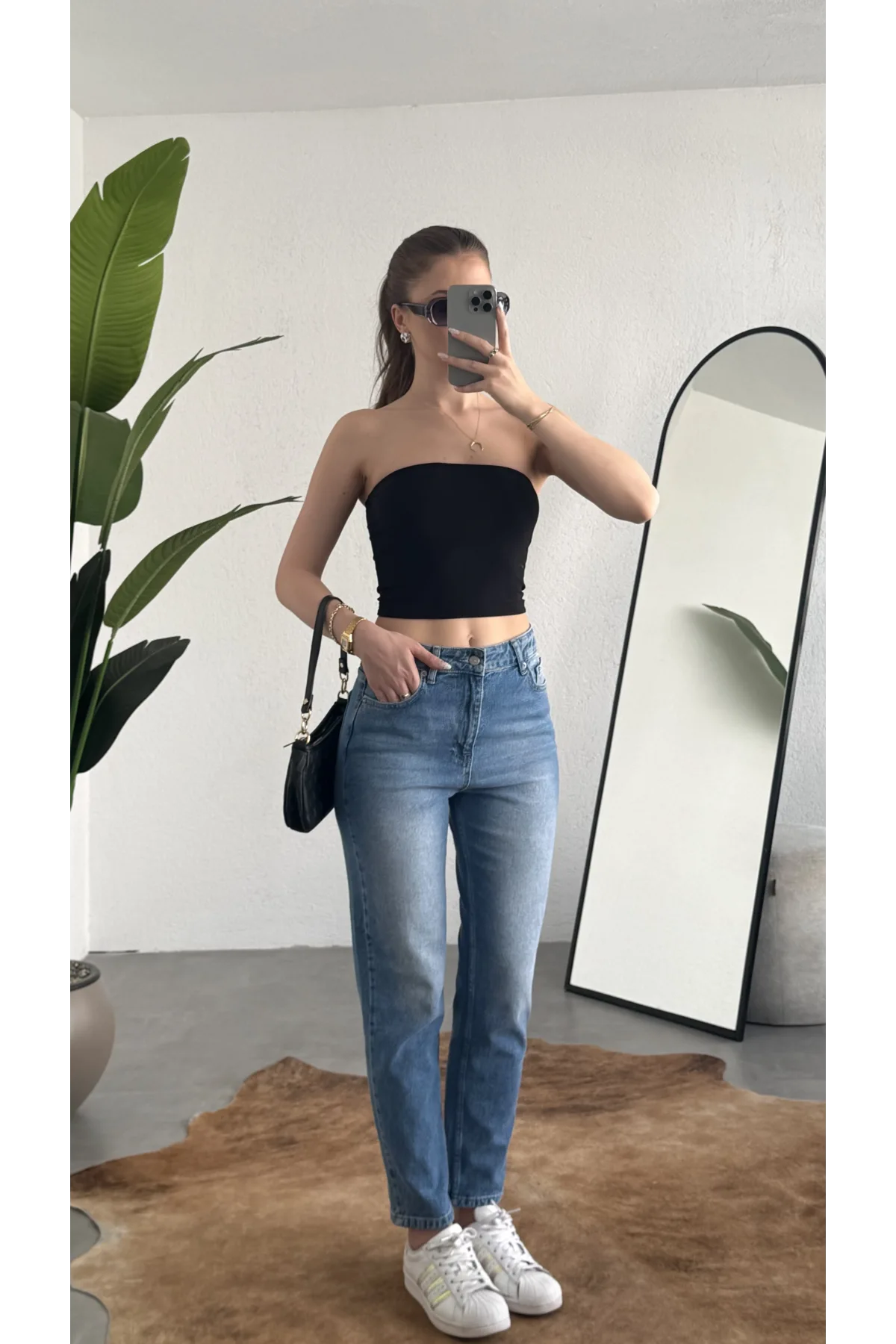 Kadın Açık Mavi Yüksek Bel Mom Jean Pantolon Rahat Kalıp Günlük Denim