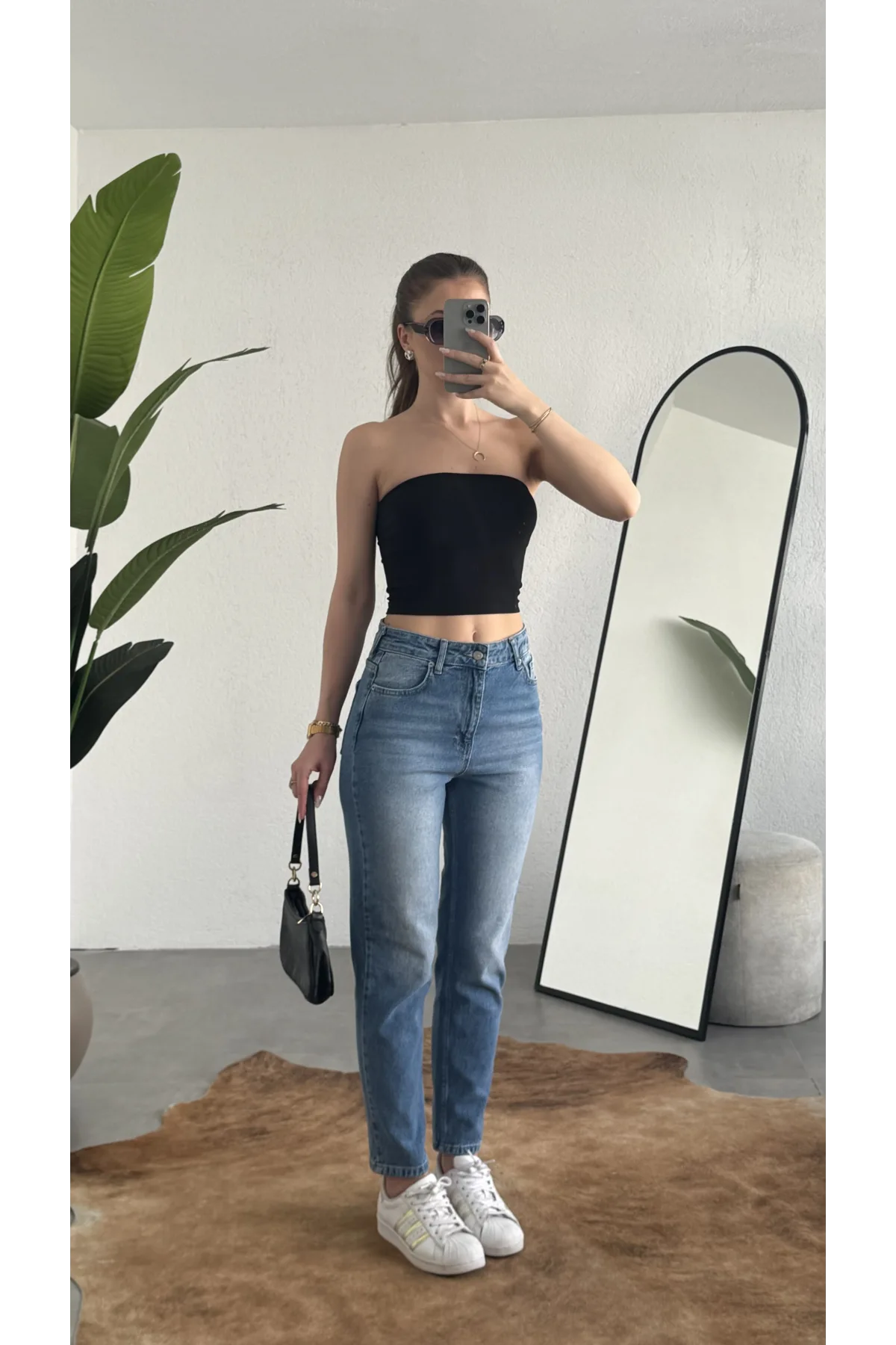 Kadın Açık Mavi Yüksek Bel Mom Jean Pantolon Rahat Kalıp Günlük Denim