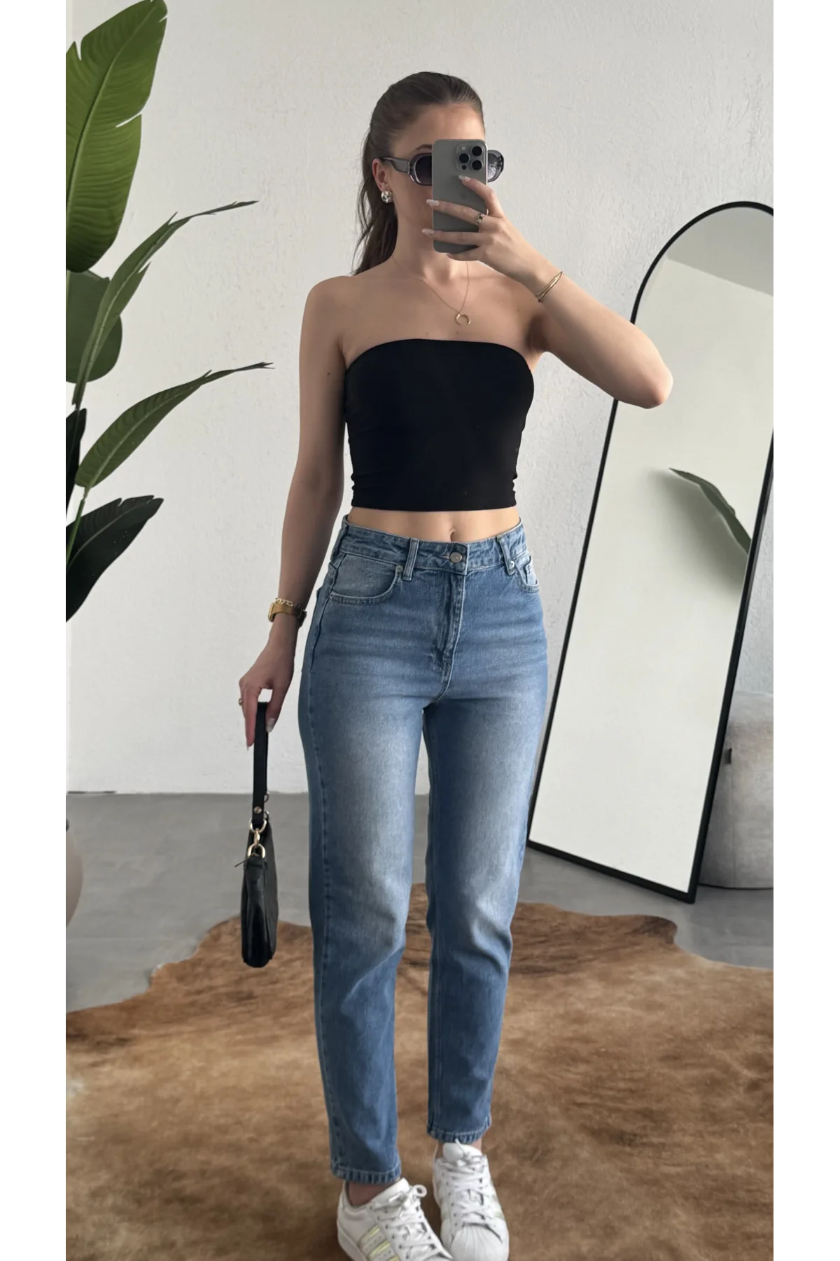 Kadın Açık Mavi Yüksek Bel Mom Jean Pantolon Rahat Kalıp Günlük Denim