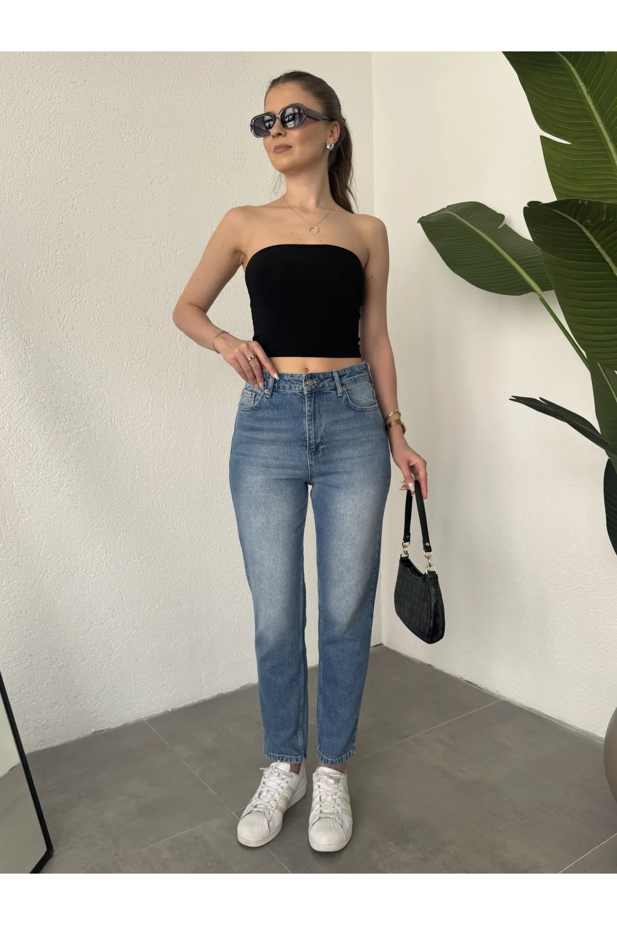 Kadın Açık Mavi Yüksek Bel Mom Jean Pantolon Rahat Kalıp Günlük Denim