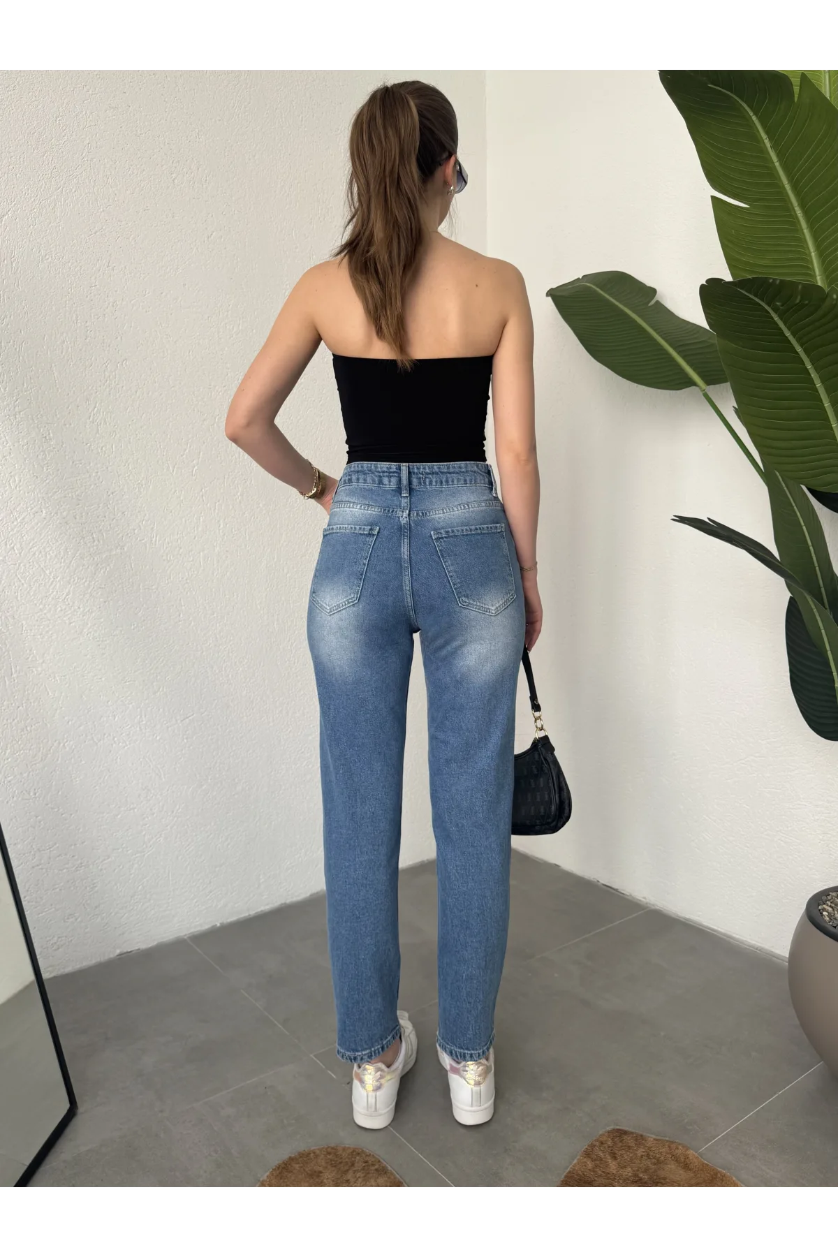 Kadın Açık Mavi Yüksek Bel Mom Jean Pantolon Rahat Kalıp Günlük Denim