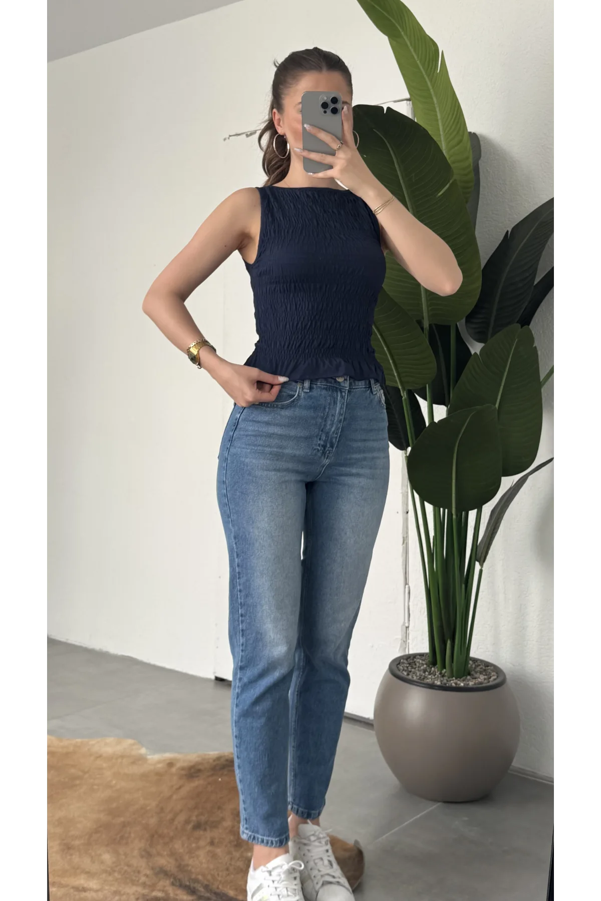 Kadın Lacivert Gipeli Kolsuz Bluz Bisiklet Yaka Esnek Fit Yazlık Crop Bluz