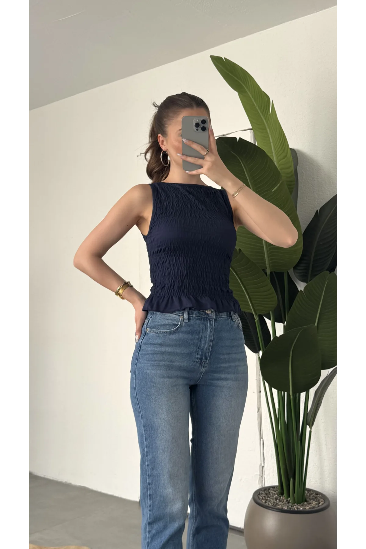 Kadın Lacivert Gipeli Kolsuz Bluz Bisiklet Yaka Esnek Fit Yazlık Crop Bluz