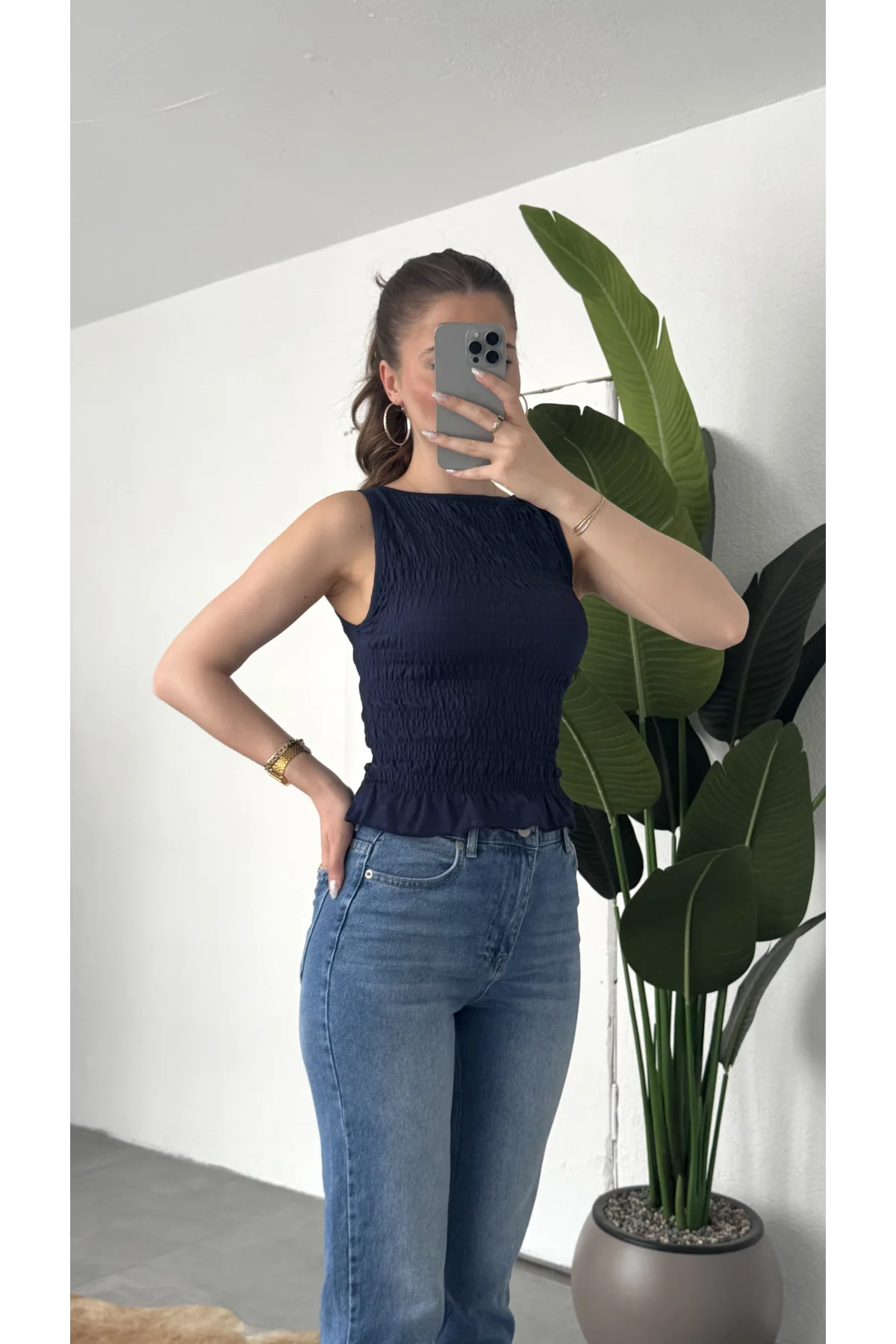 Kadın Lacivert Gipeli Kolsuz Bluz Bisiklet Yaka Esnek Fit Yazlık Crop Bluz