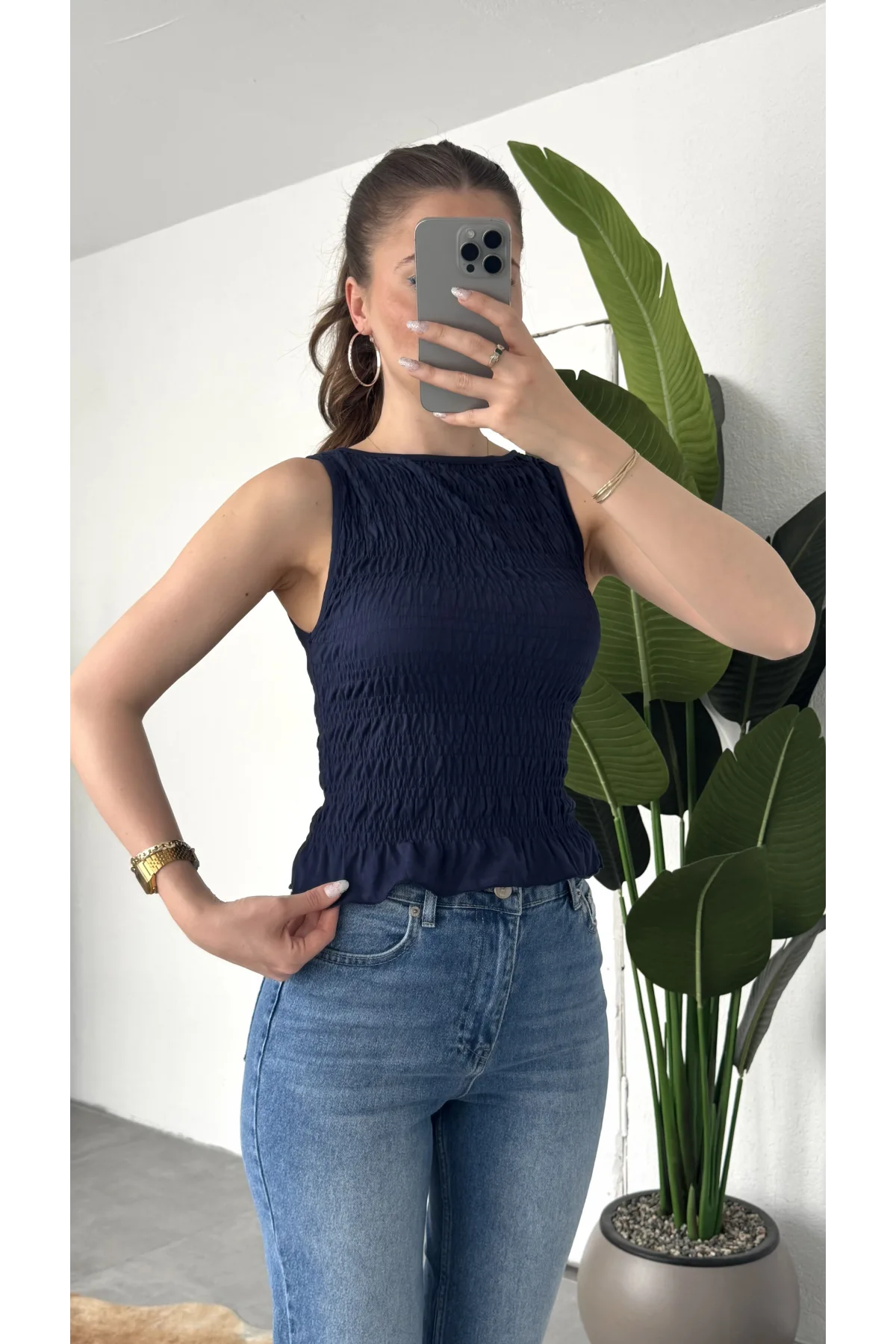 Kadın Lacivert Gipeli Kolsuz Bluz Bisiklet Yaka Esnek Fit Yazlık Crop Bluz