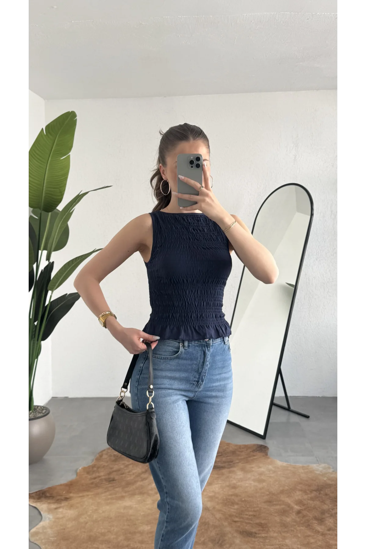 Kadın Lacivert Gipeli Kolsuz Bluz Bisiklet Yaka Esnek Fit Yazlık Crop Bluz
