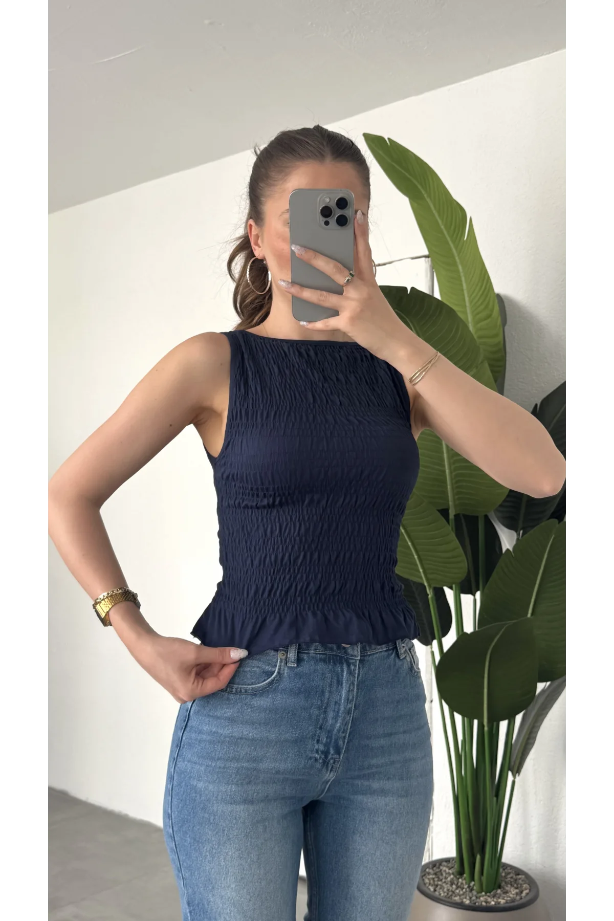 Kadın Lacivert Gipeli Kolsuz Bluz Bisiklet Yaka Esnek Fit Yazlık Crop Bluz