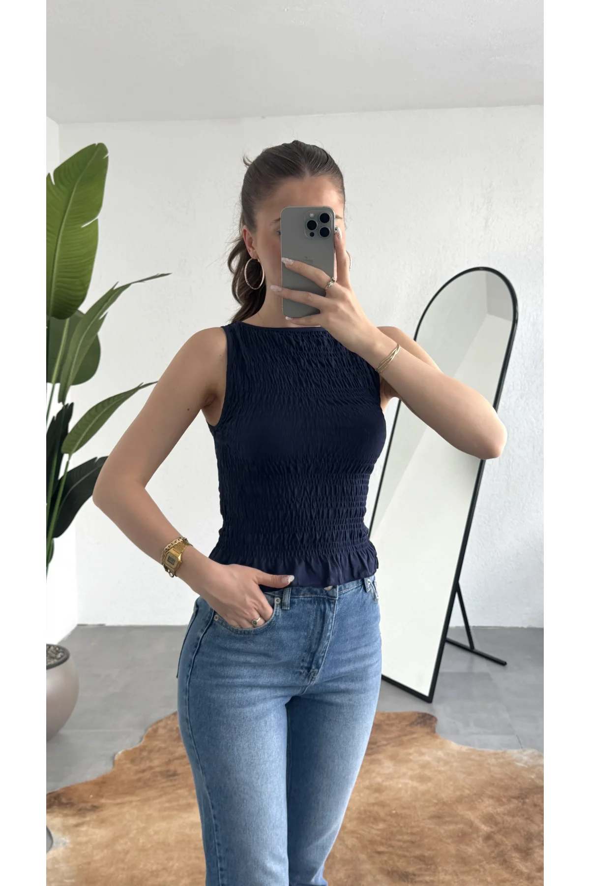 Kadın Lacivert Gipeli Kolsuz Bluz Bisiklet Yaka Esnek Fit Yazlık Crop Bluz