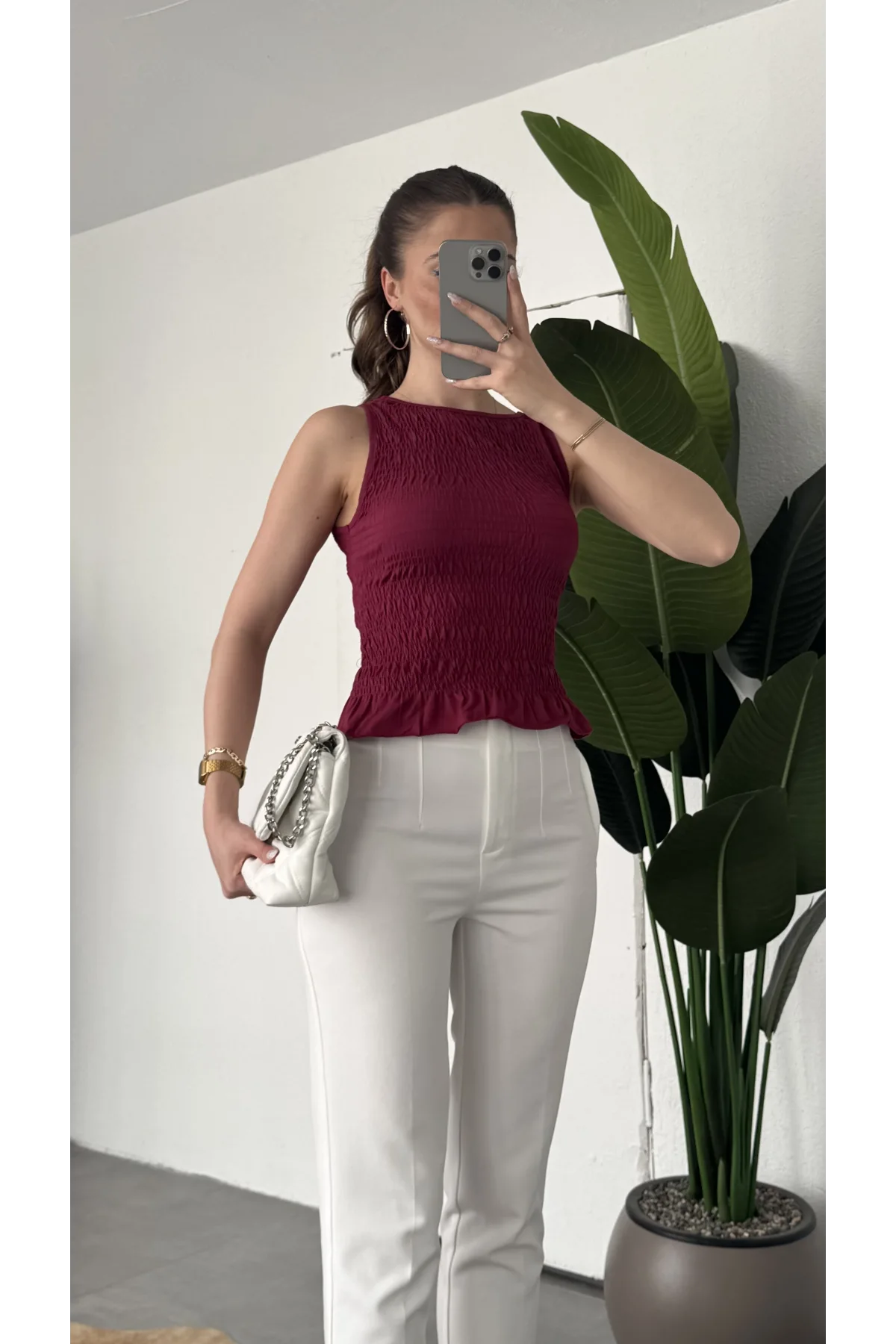 Kadın Bordo Gipeli Kolsuz Bluz Bisiklet Yaka Esnek Fit Yazlık Crop Bluz