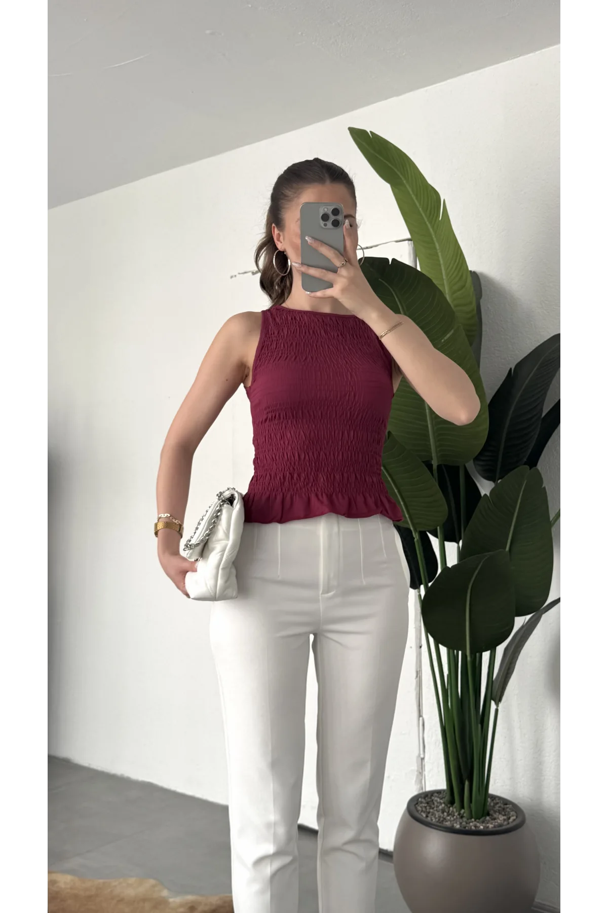 Kadın Bordo Gipeli Kolsuz Bluz Bisiklet Yaka Esnek Fit Yazlık Crop Bluz