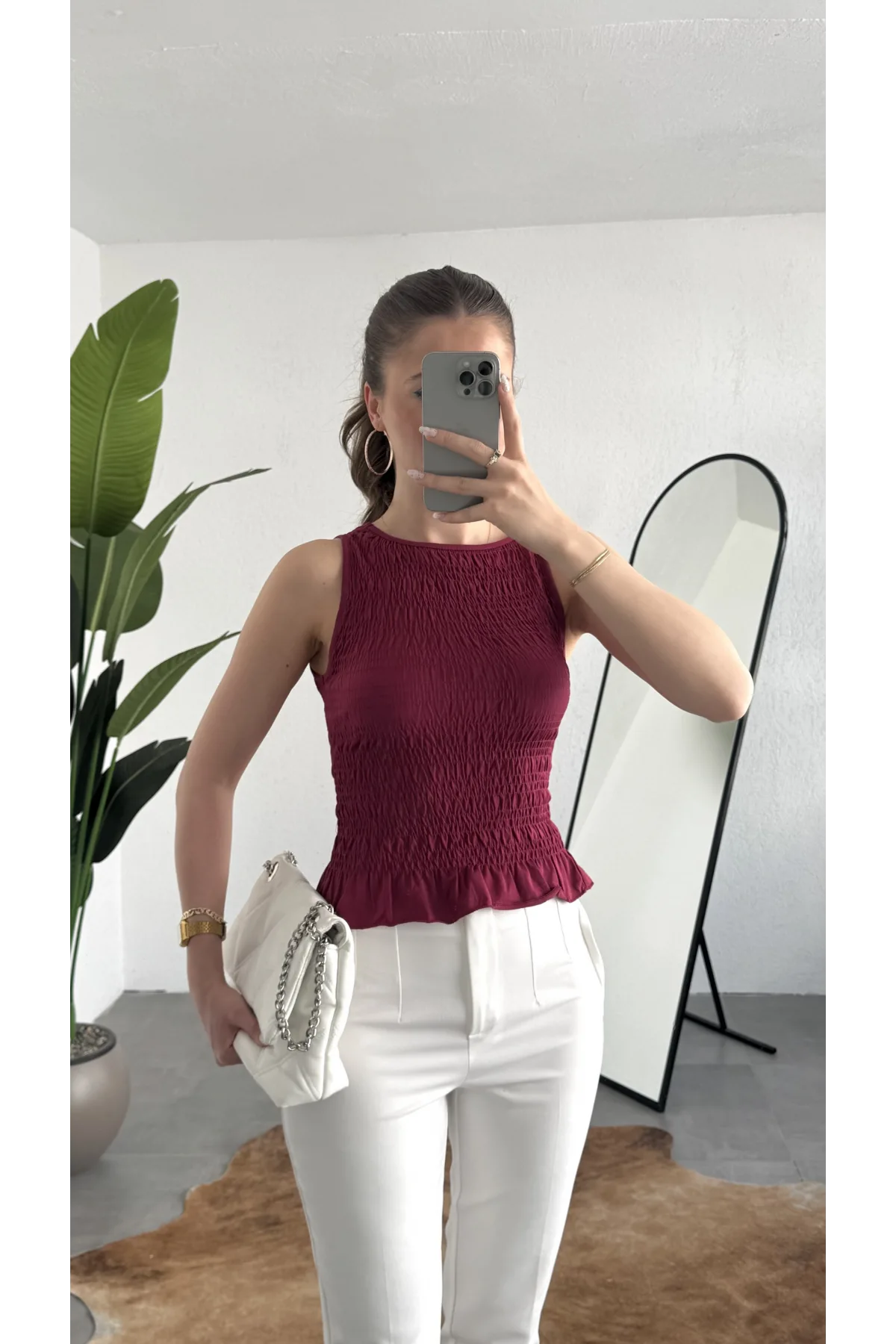 Kadın Bordo Gipeli Kolsuz Bluz Bisiklet Yaka Esnek Fit Yazlık Crop Bluz
