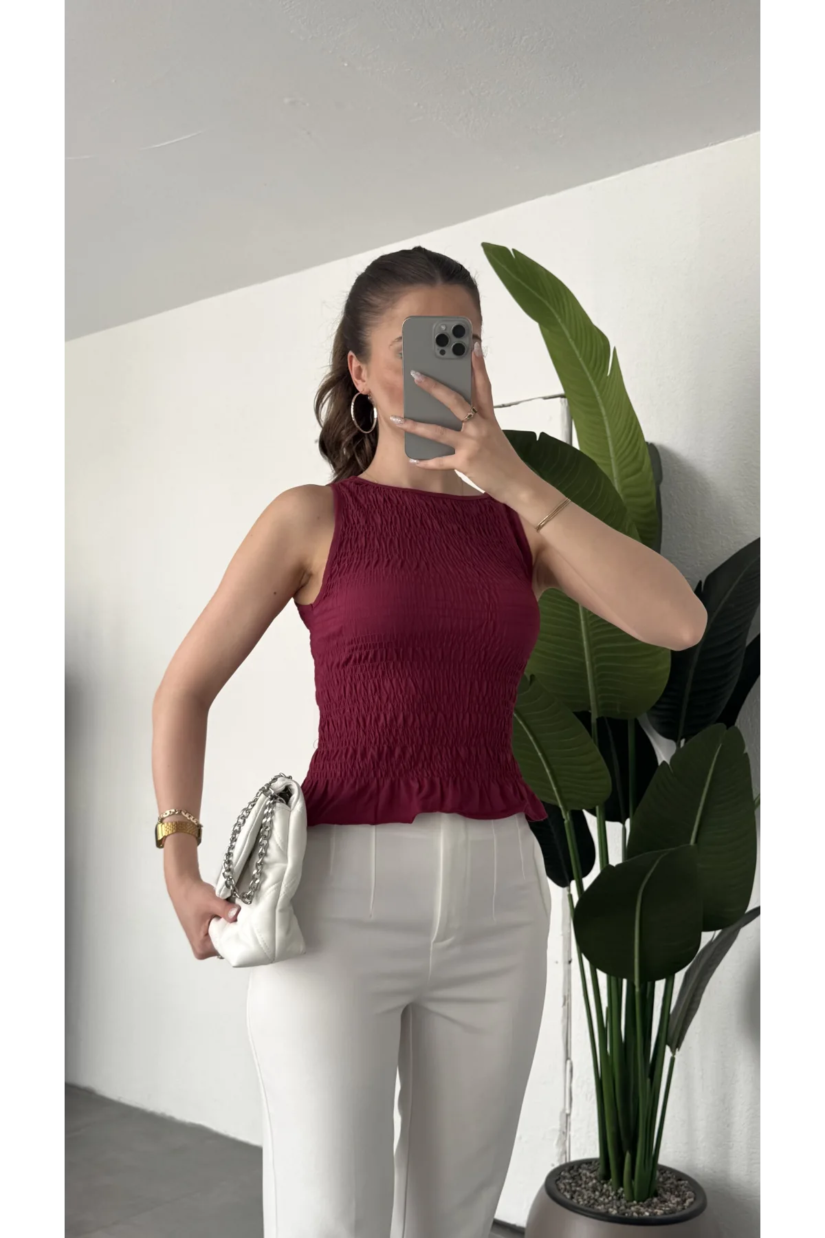 Kadın Bordo Gipeli Kolsuz Bluz Bisiklet Yaka Esnek Fit Yazlık Crop Bluz