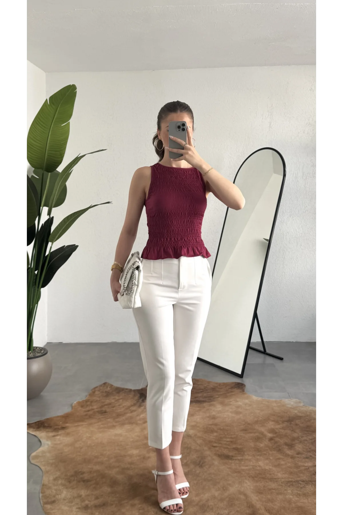 Kadın Bordo Gipeli Kolsuz Bluz Bisiklet Yaka Esnek Fit Yazlık Crop Bluz