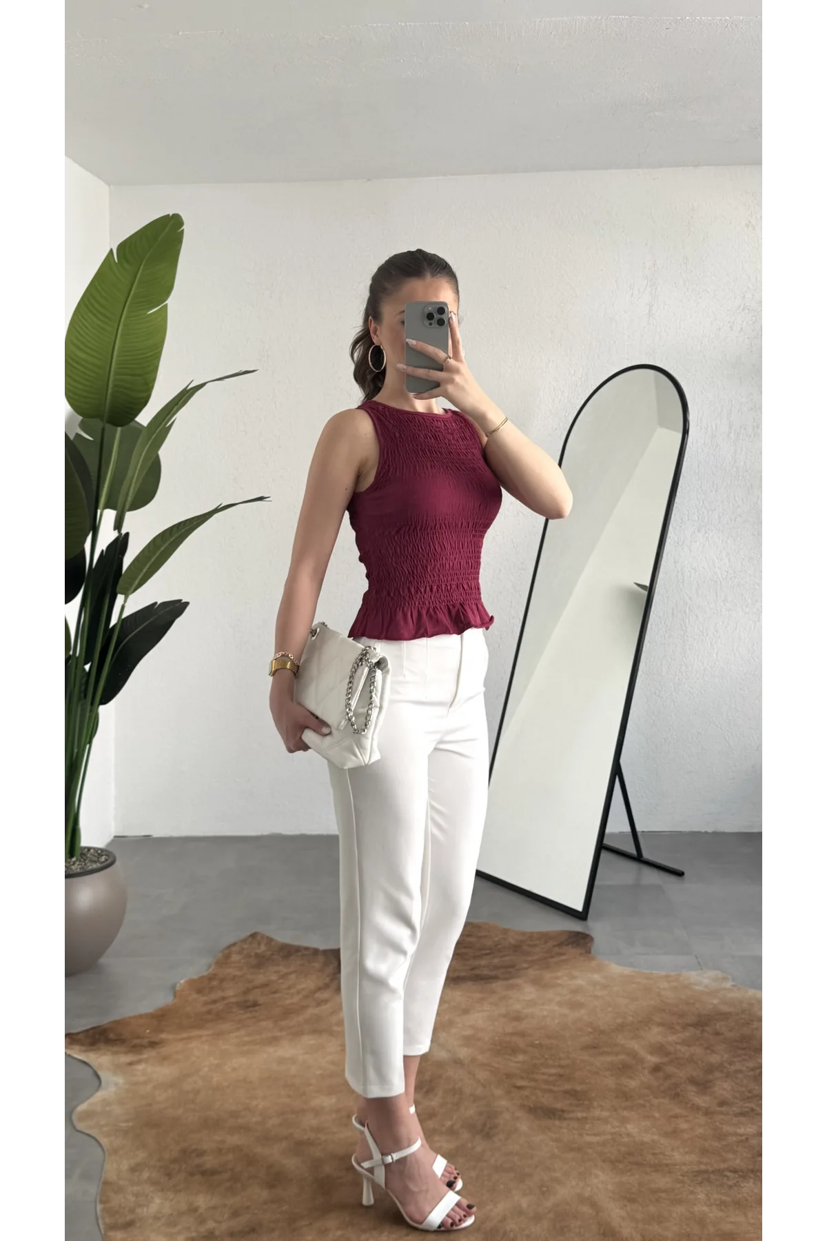 Kadın Bordo Gipeli Kolsuz Bluz Bisiklet Yaka Esnek Fit Yazlık Crop Bluz