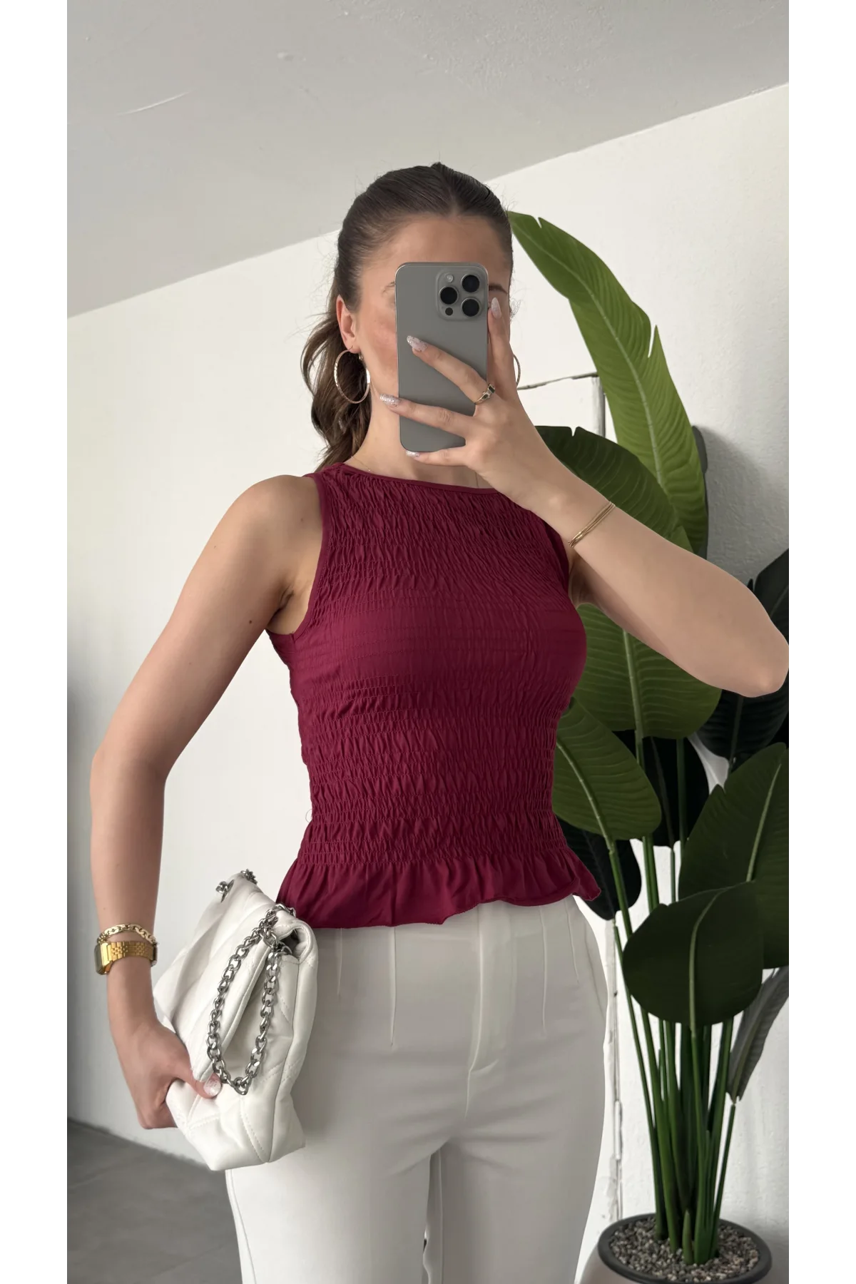 Kadın Bordo Gipeli Kolsuz Bluz Bisiklet Yaka Esnek Fit Yazlık Crop Bluz