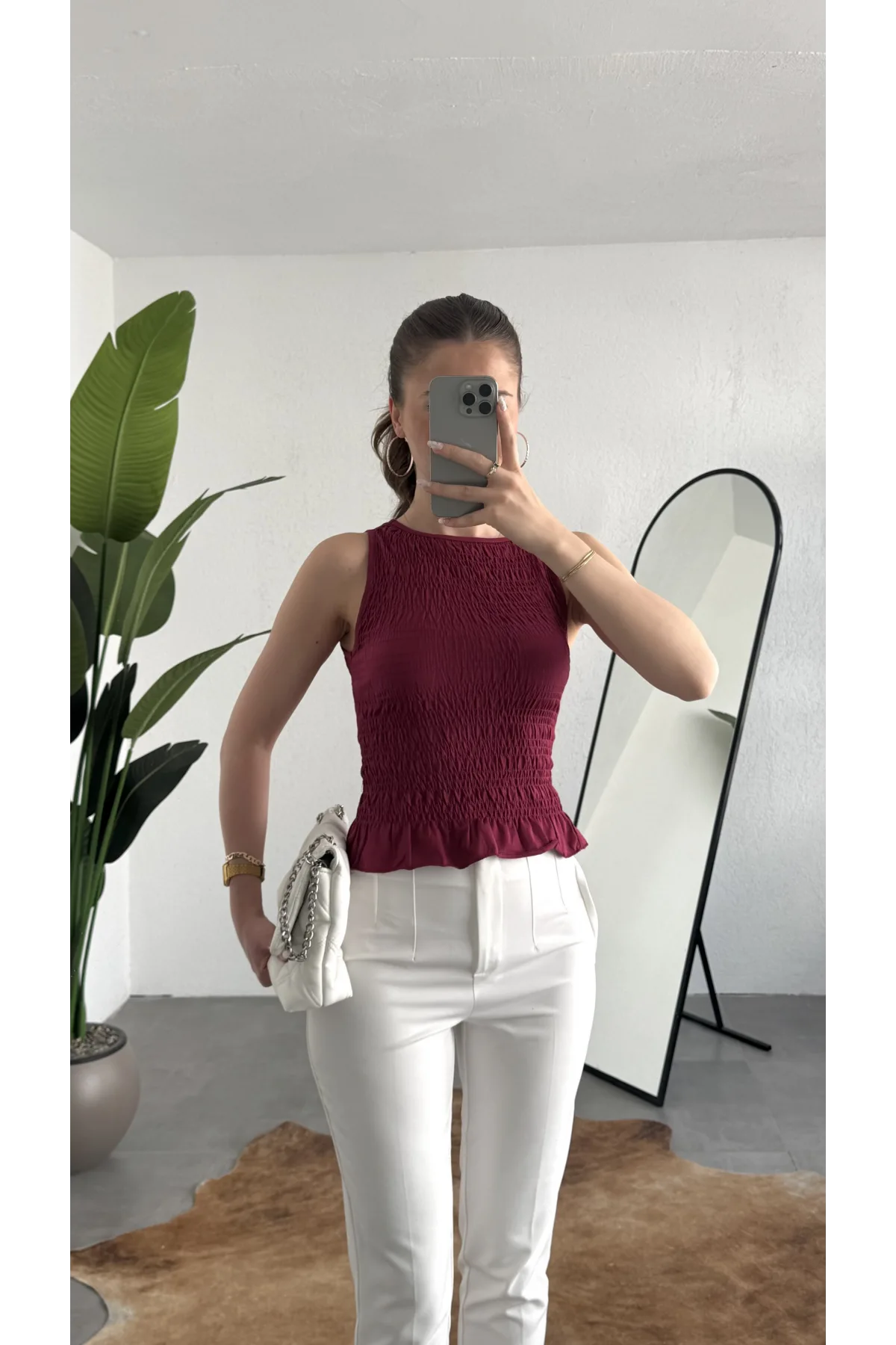 Kadın Bordo Gipeli Kolsuz Bluz Bisiklet Yaka Esnek Fit Yazlık Crop Bluz