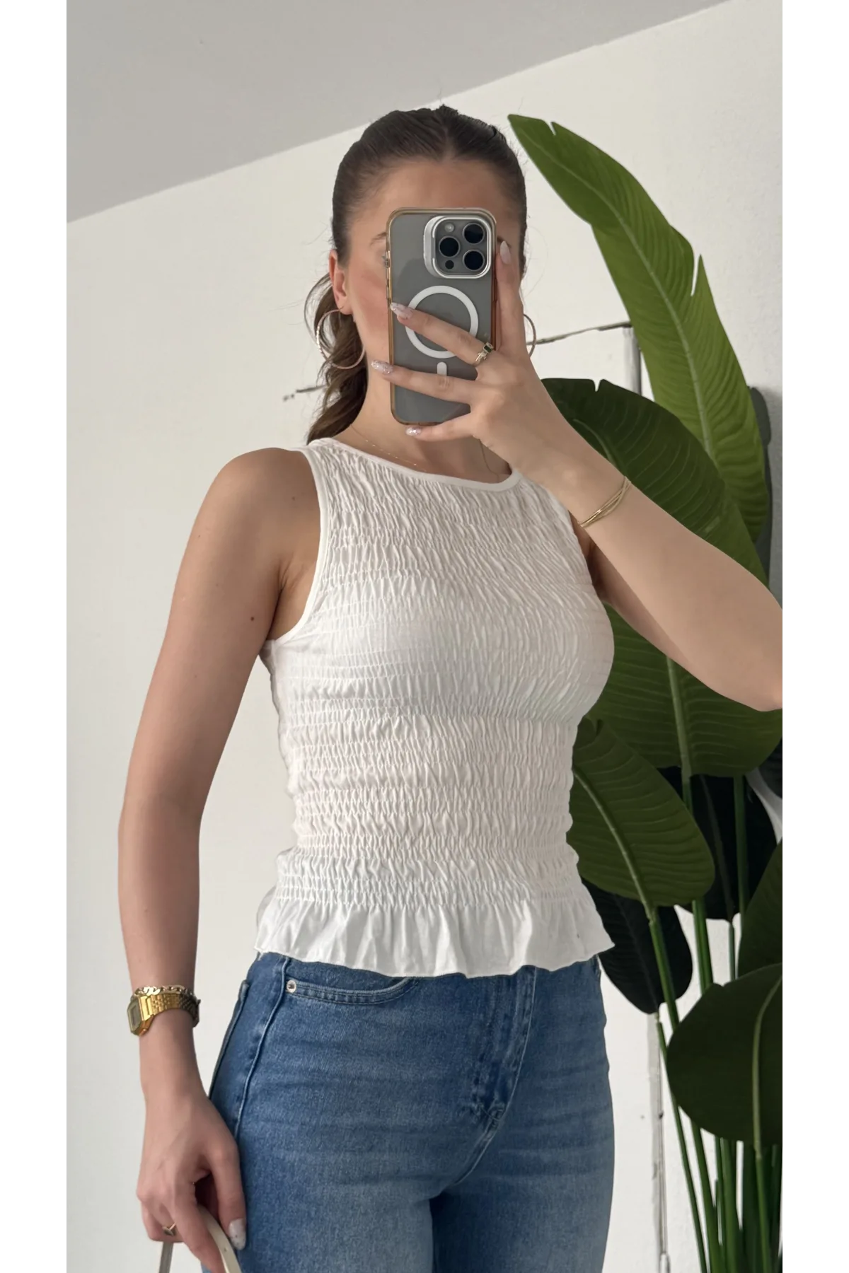 Kadın Beyaz Gipeli Kolsuz Bluz Bisiklet Yaka Esnek Fit Yazlık Crop Bluz