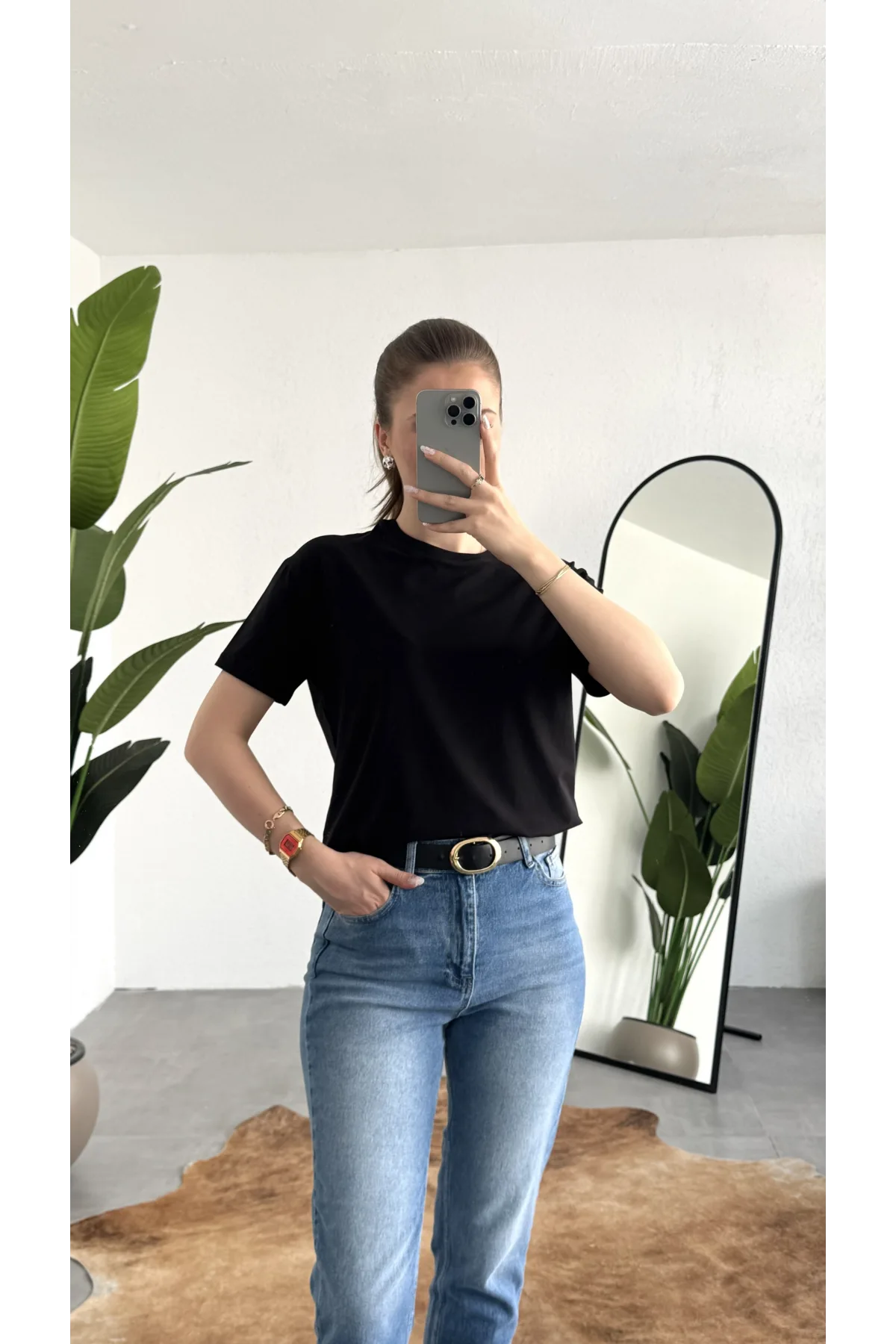 Kadn Siyah Bisiklet Yaka Kısa Kollu Full Likralı Esnek Bluz Body