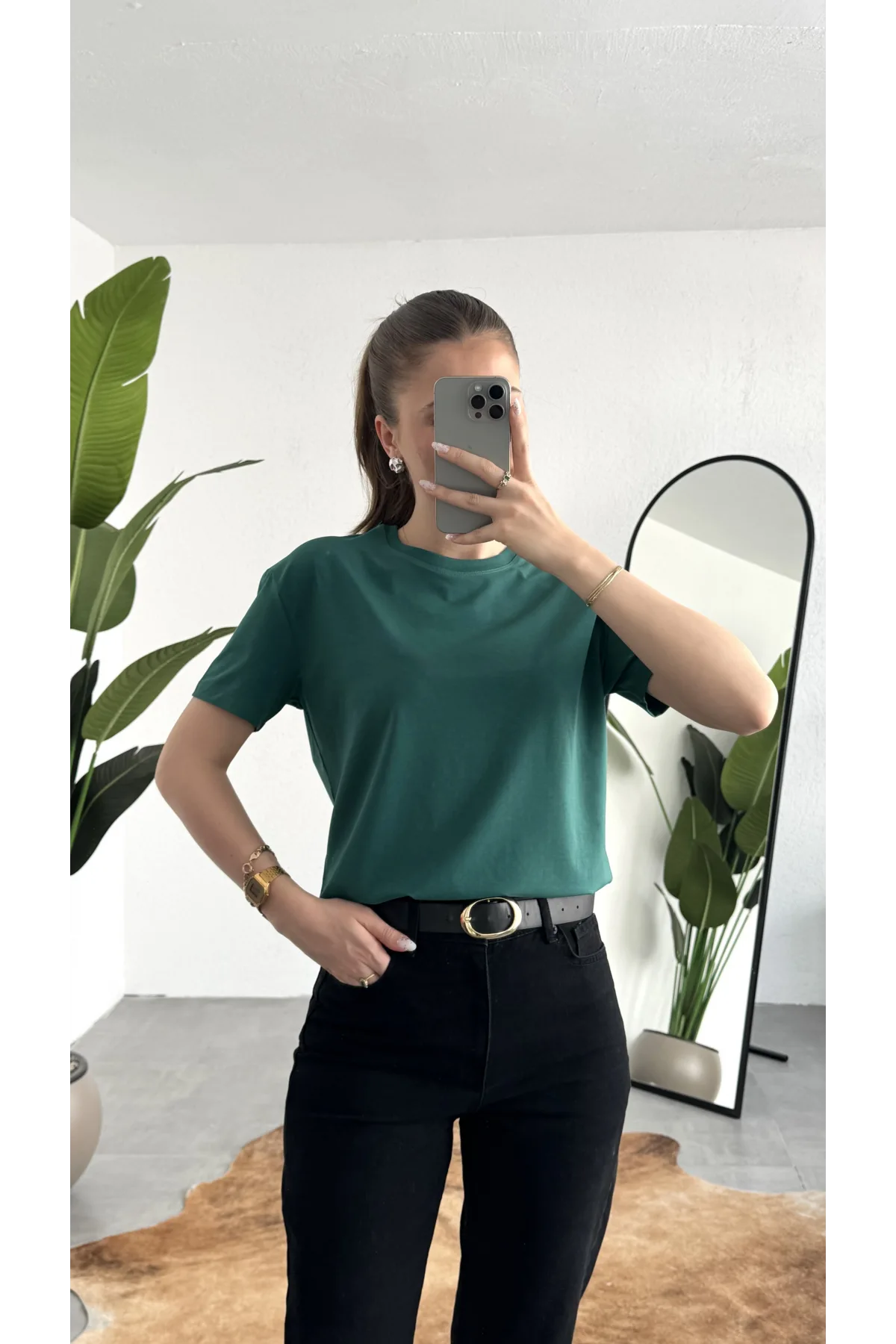 Kadn Koyu Yeşil Bisiklet Yaka Kısa Kollu Full Likralı Esnek Bluz Body