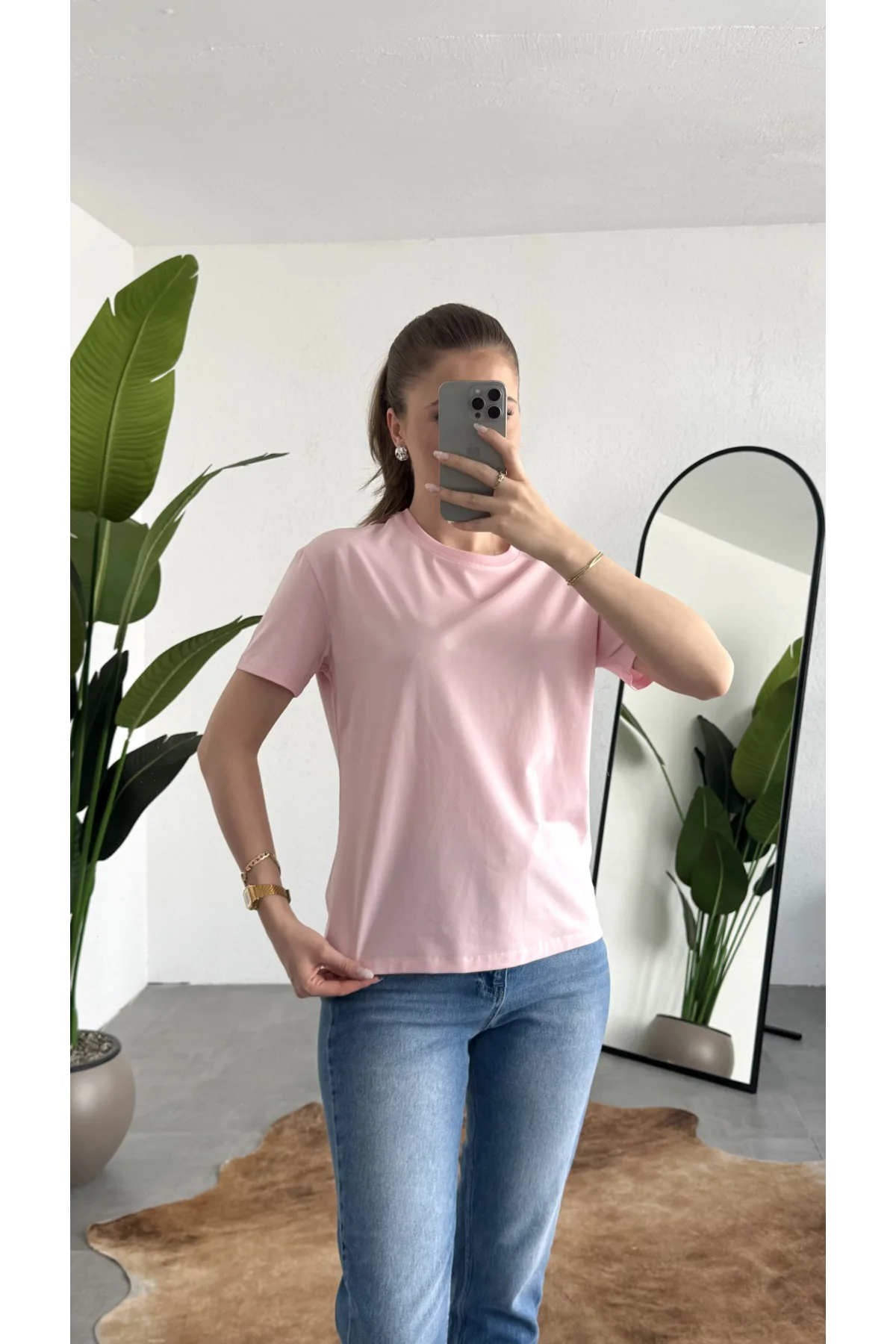 Kadn Açık Pembe Bisiklet Yaka Kısa Kollu Full Likralı Esnek Bluz Body