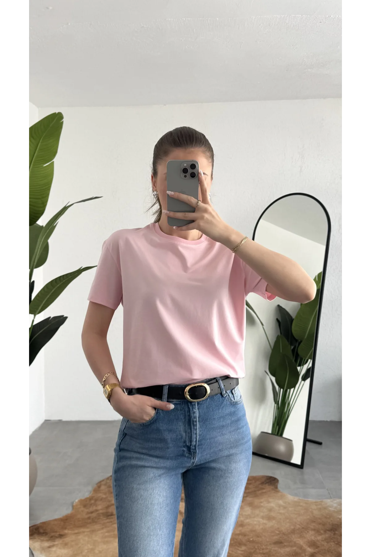 Kadn Açık Pembe Bisiklet Yaka Kısa Kollu Full Likralı Esnek Bluz Body