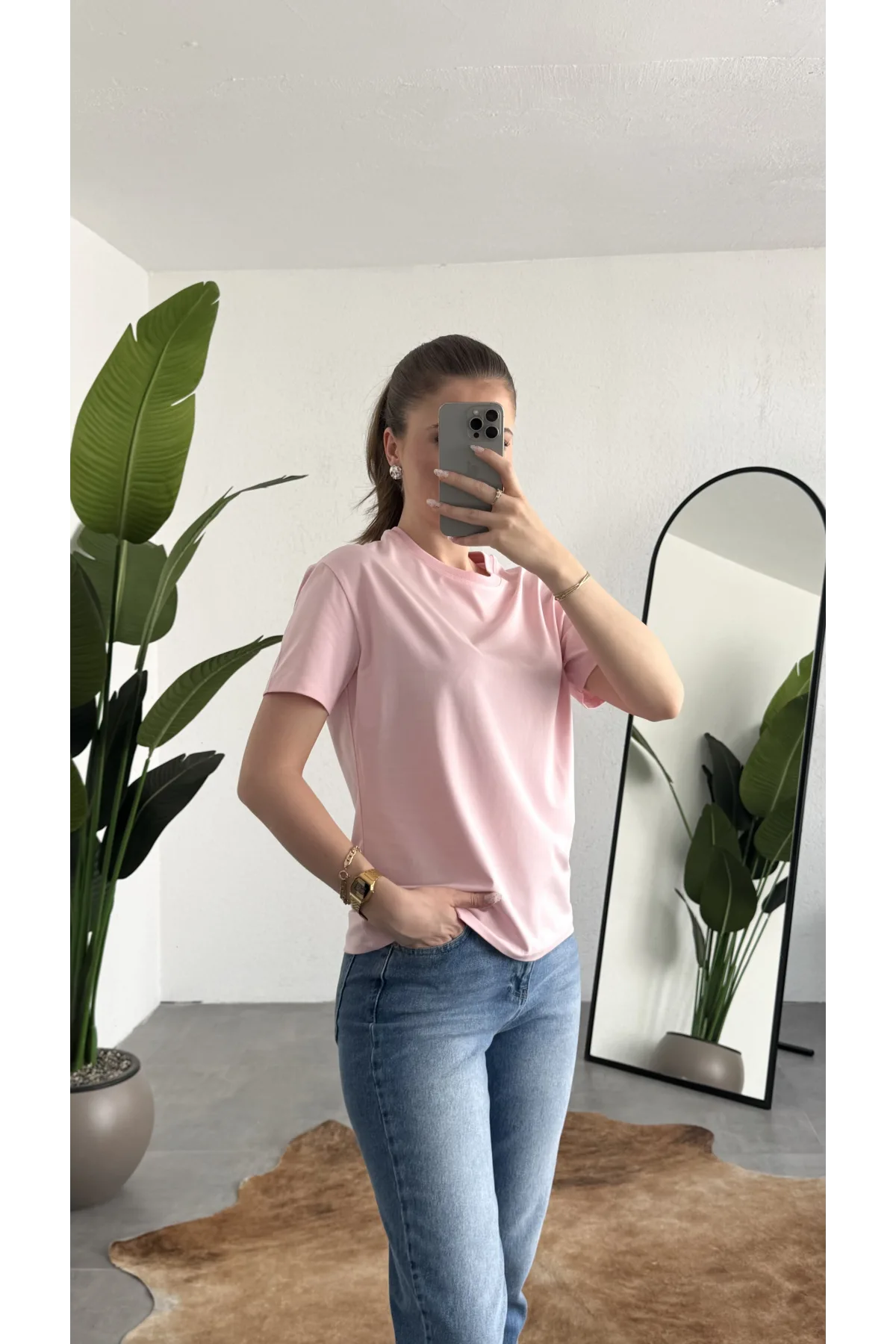 Kadn Açık Pembe Bisiklet Yaka Kısa Kollu Full Likralı Esnek Bluz Body