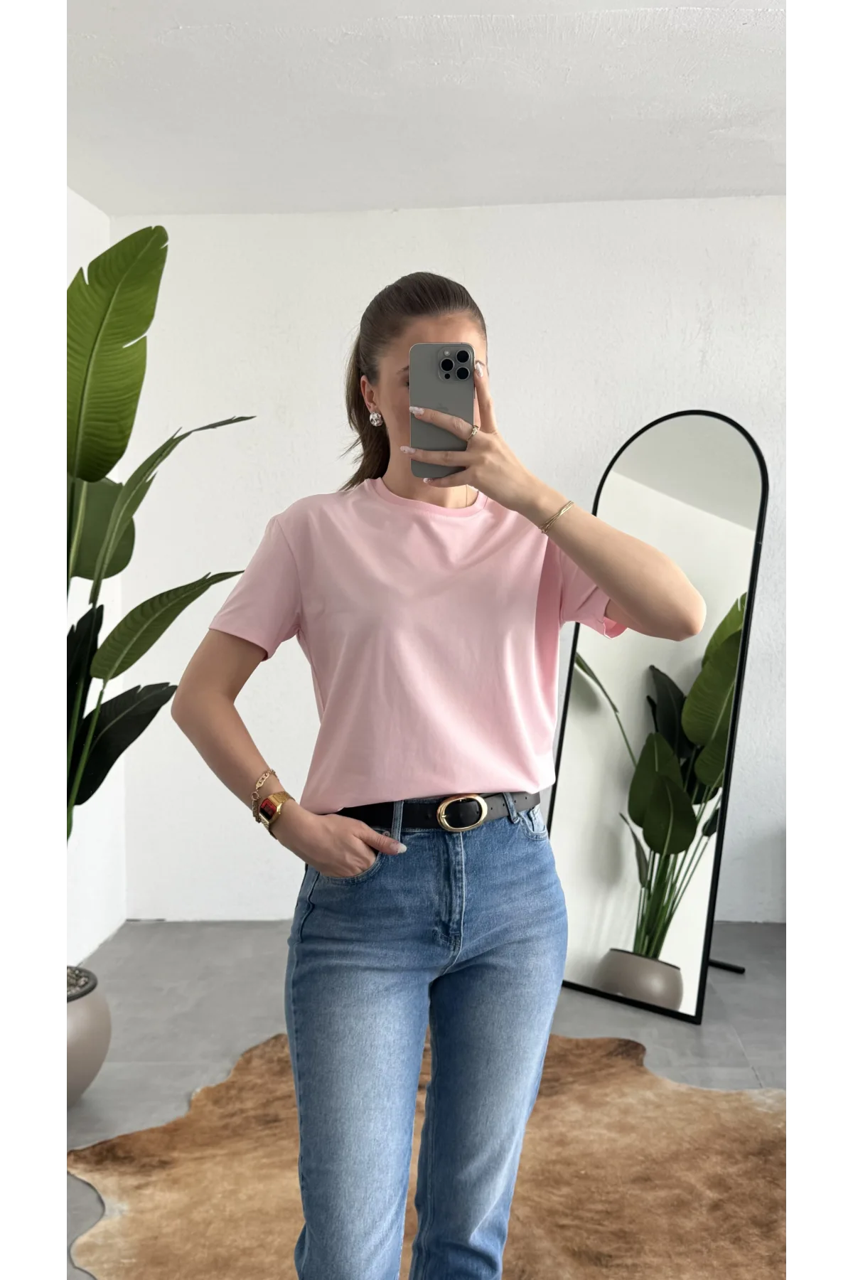 Kadn Açık Pembe Bisiklet Yaka Kısa Kollu Full Likralı Esnek Bluz Body