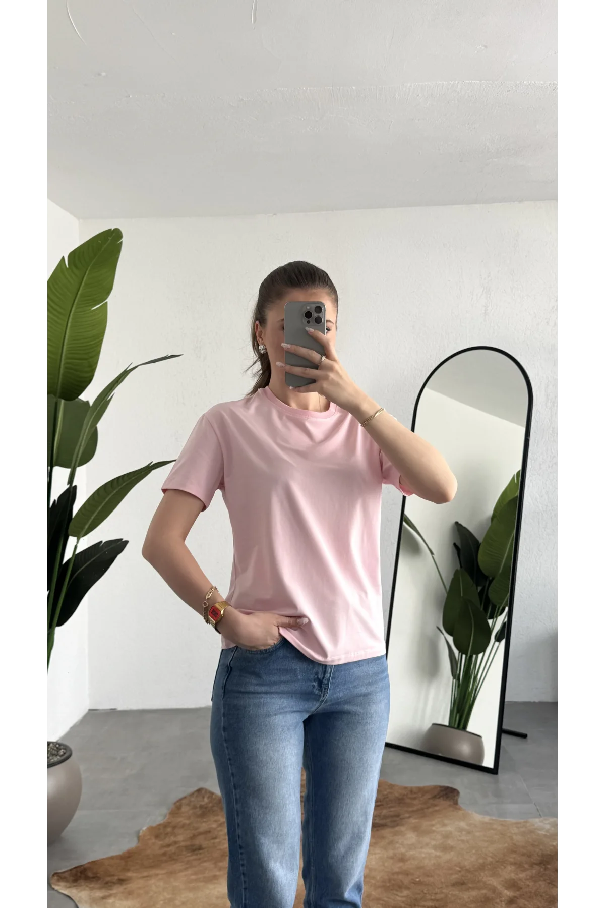 Kadn Açık Pembe Bisiklet Yaka Kısa Kollu Full Likralı Esnek Bluz Body