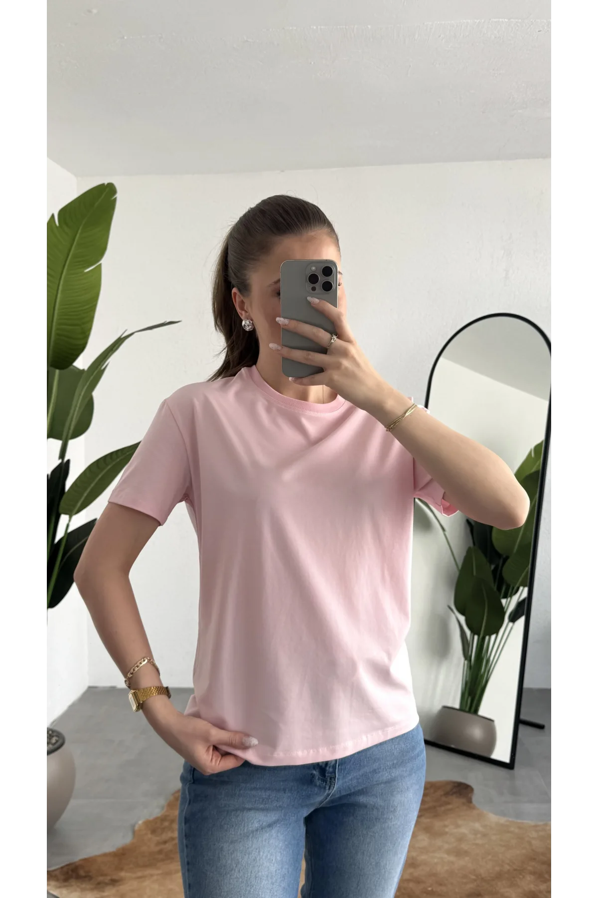 Kadn Açık Pembe Bisiklet Yaka Kısa Kollu Full Likralı Esnek Bluz Body