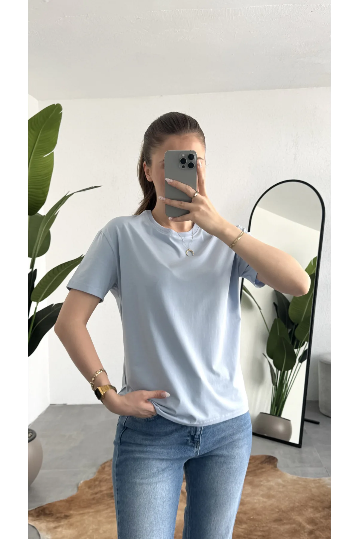 Kadn Bebe Mavisi Bisiklet Yaka Kısa Kollu Full Likralı Esnek Bluz Body