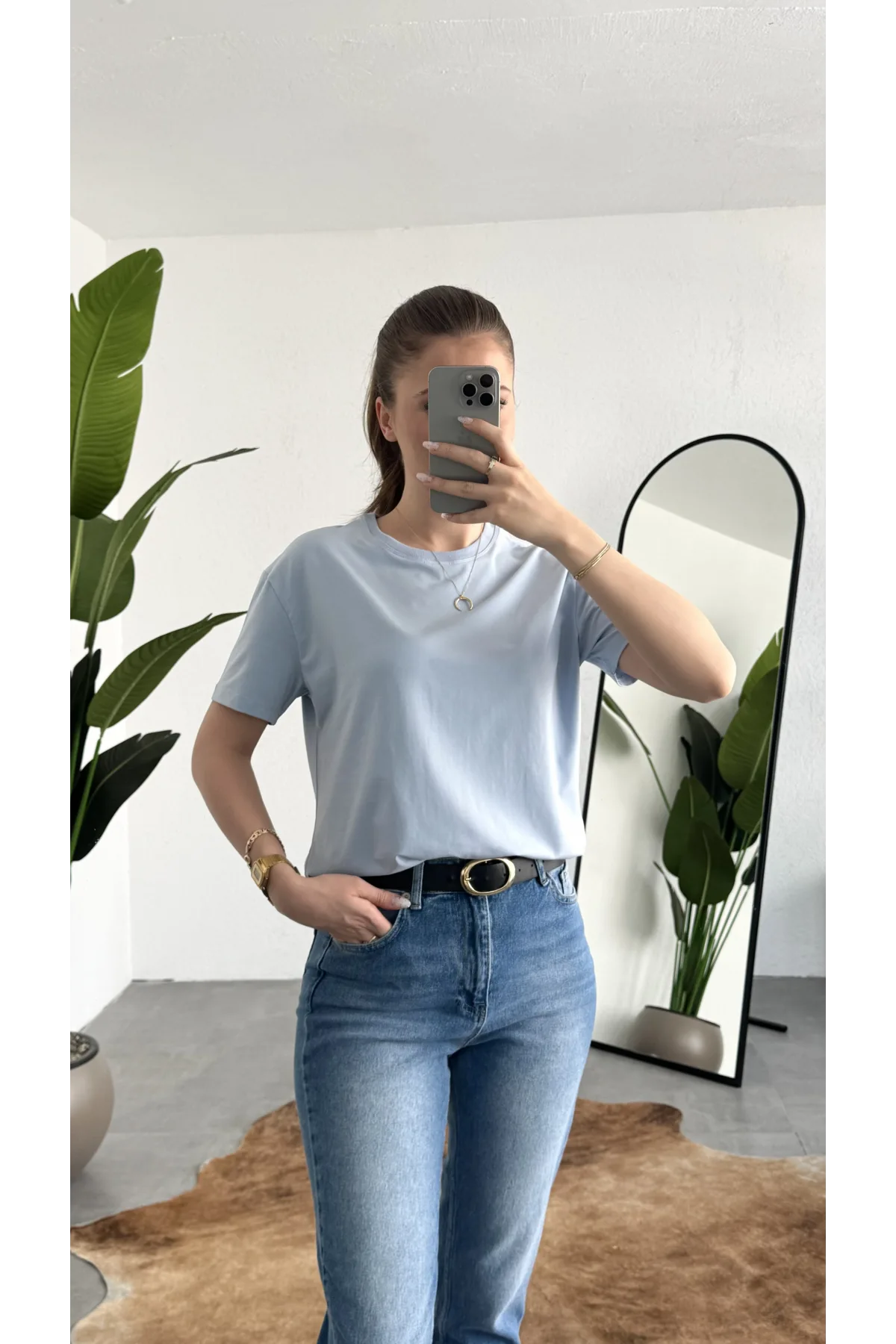 Kadn Bebe Mavisi Bisiklet Yaka Kısa Kollu Full Likralı Esnek Bluz Body