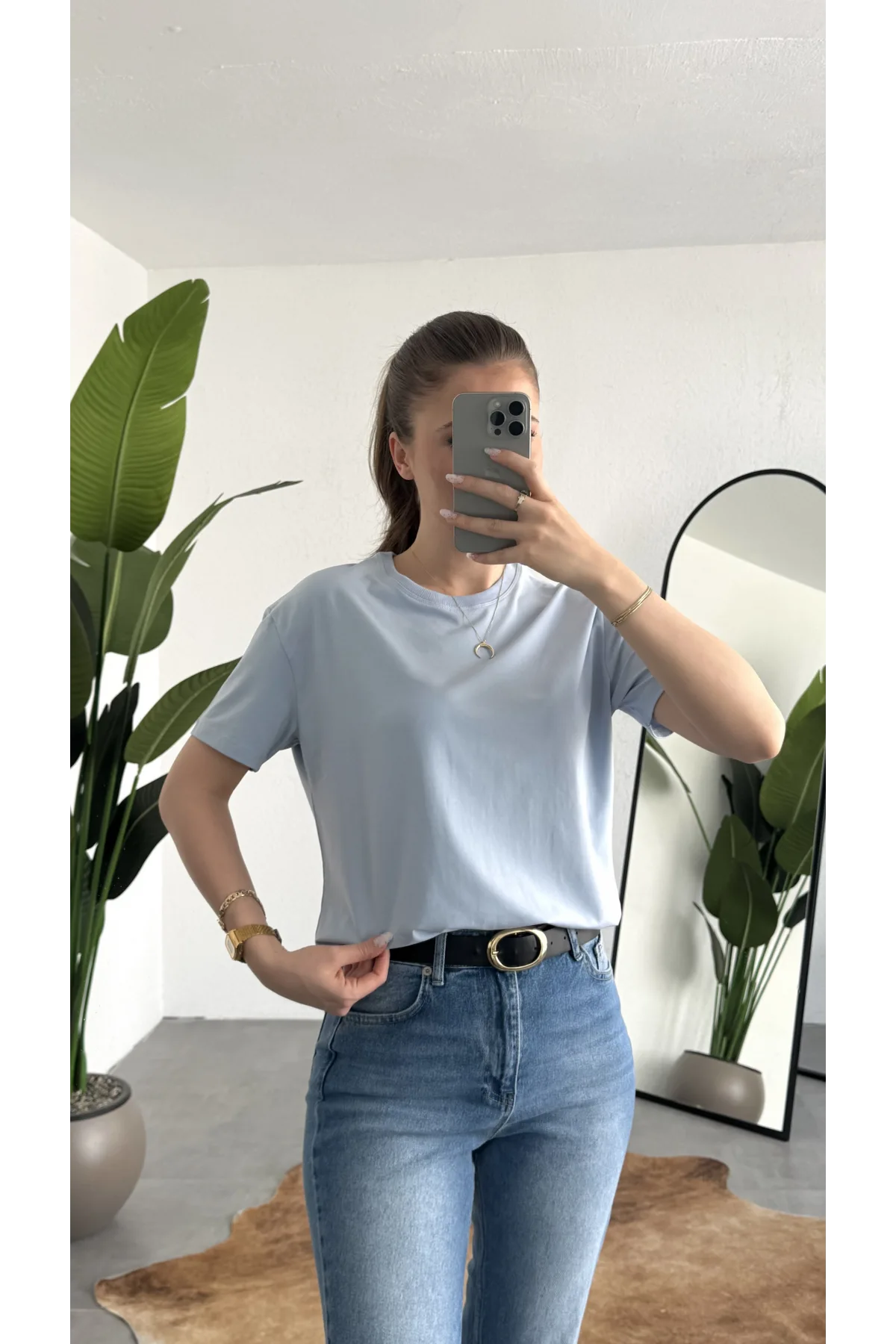 Kadn Bebe Mavisi Bisiklet Yaka Kısa Kollu Full Likralı Esnek Bluz Body