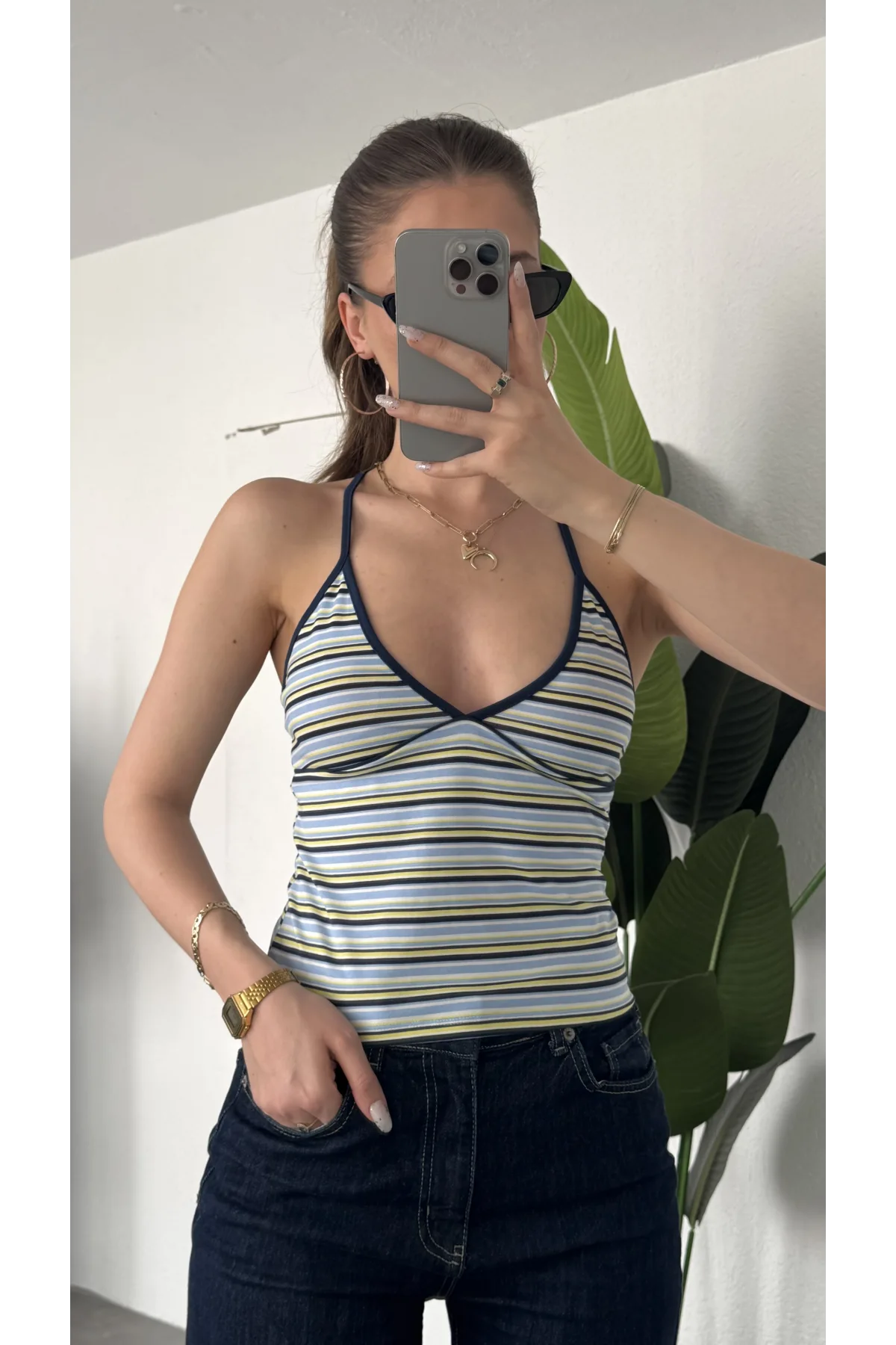 Kadın Mavi Sarı Çizgili Boyundan Bağlamalı Askılı Atlet Bluz Body