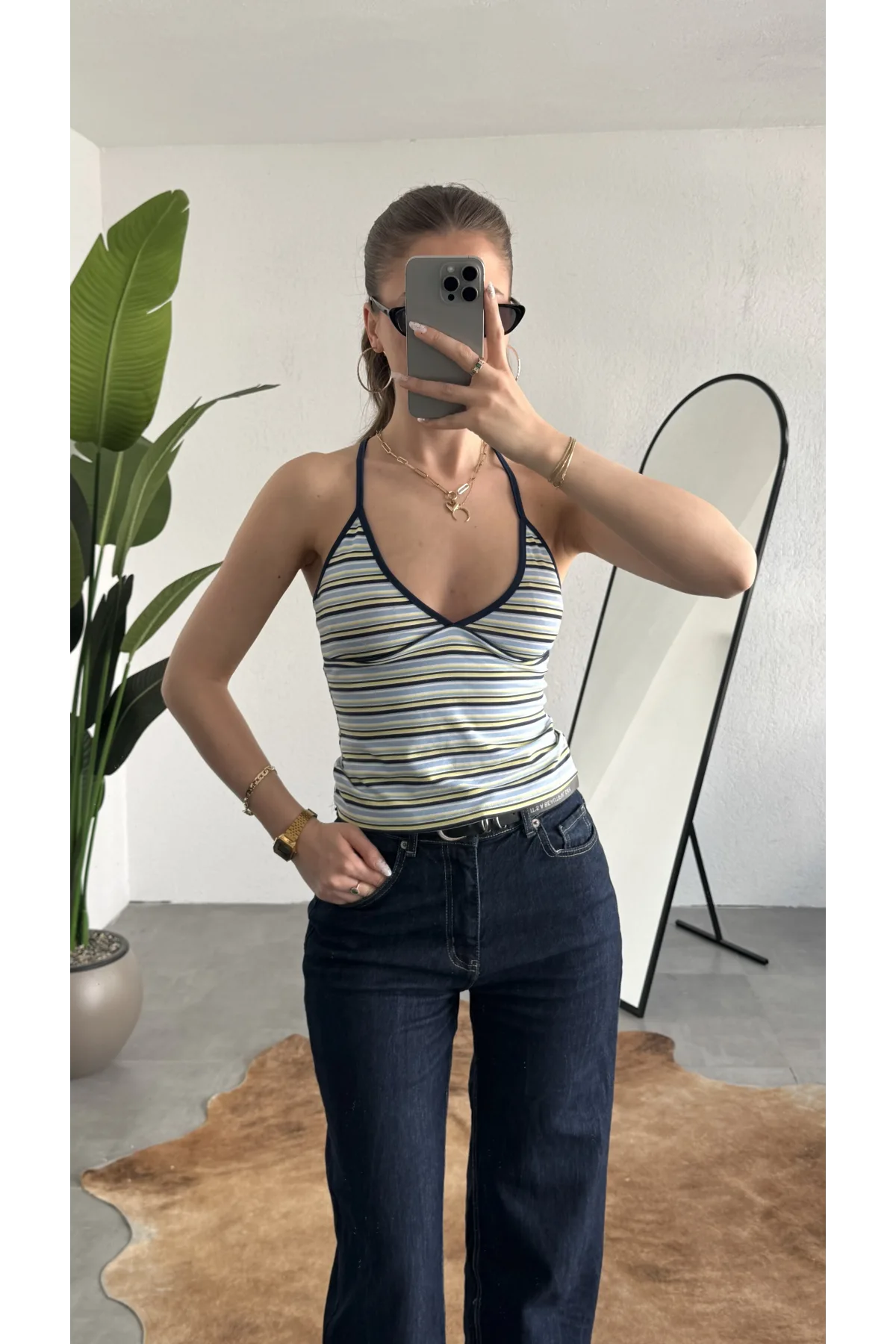 Kadın Mavi Sarı Çizgili Boyundan Bağlamalı Askılı Atlet Bluz Body