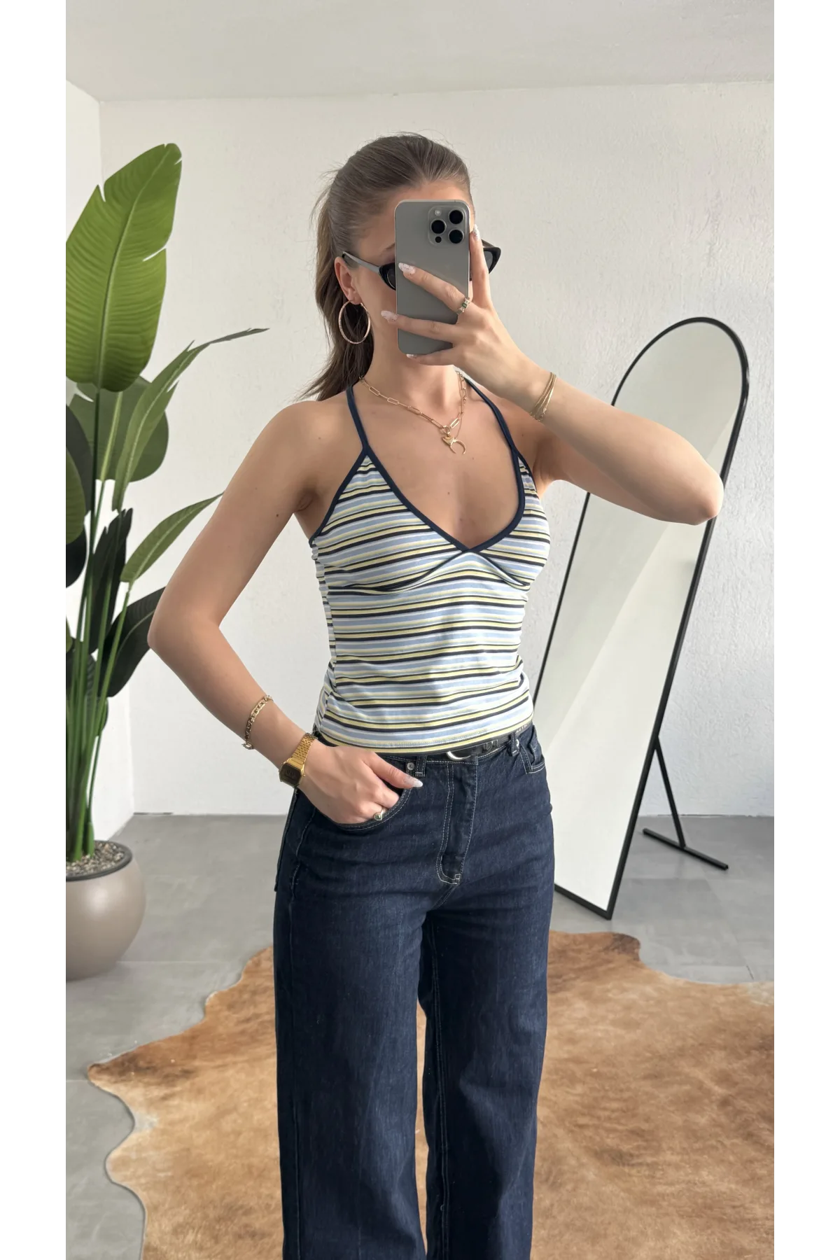 Kadın Mavi Sarı Çizgili Boyundan Bağlamalı Askılı Atlet Bluz Body