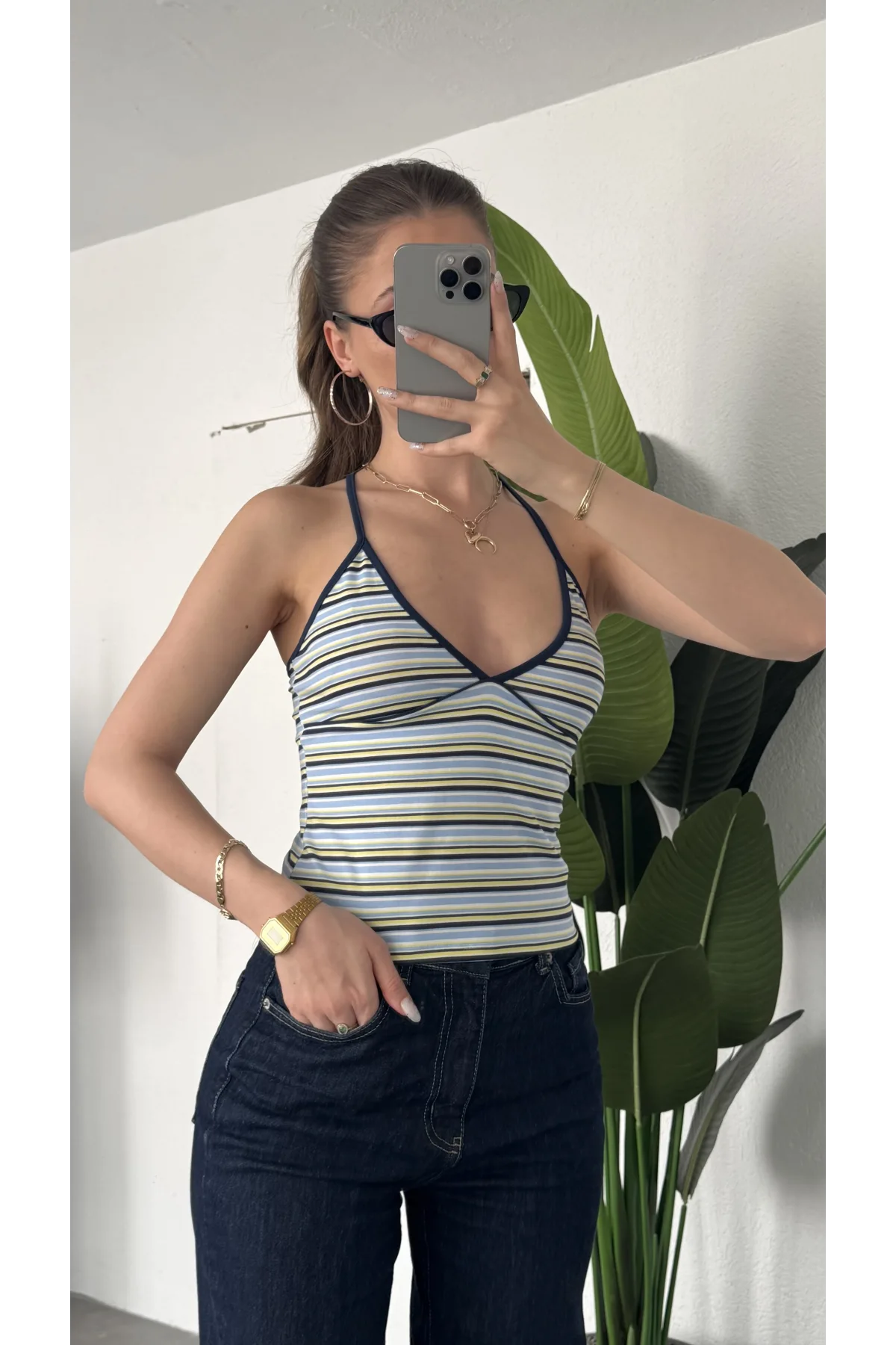 Kadın Mavi Sarı Çizgili Boyundan Bağlamalı Askılı Atlet Bluz Body