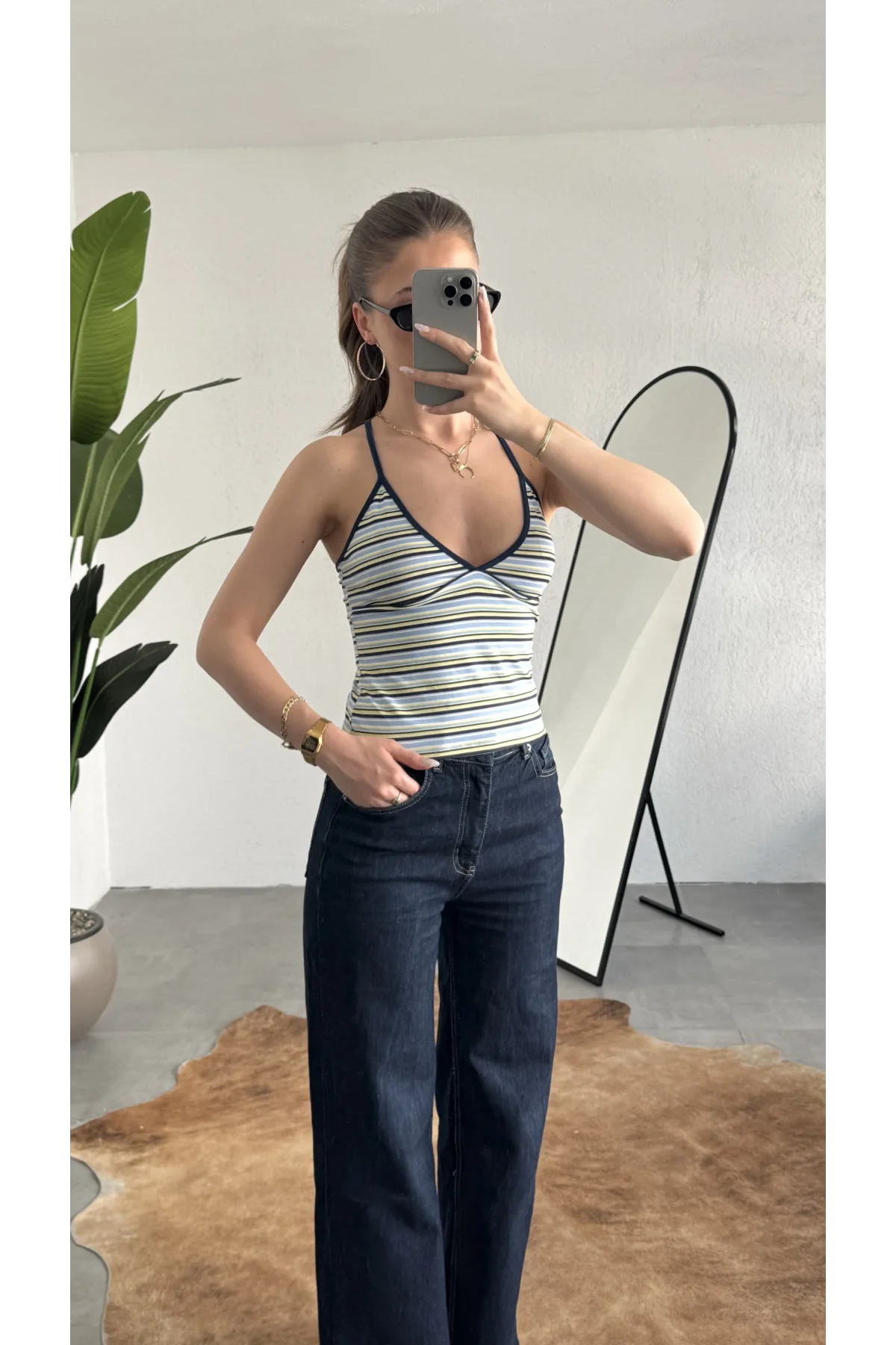 Kadın Mavi Sarı Çizgili Boyundan Bağlamalı Askılı Atlet Bluz Body