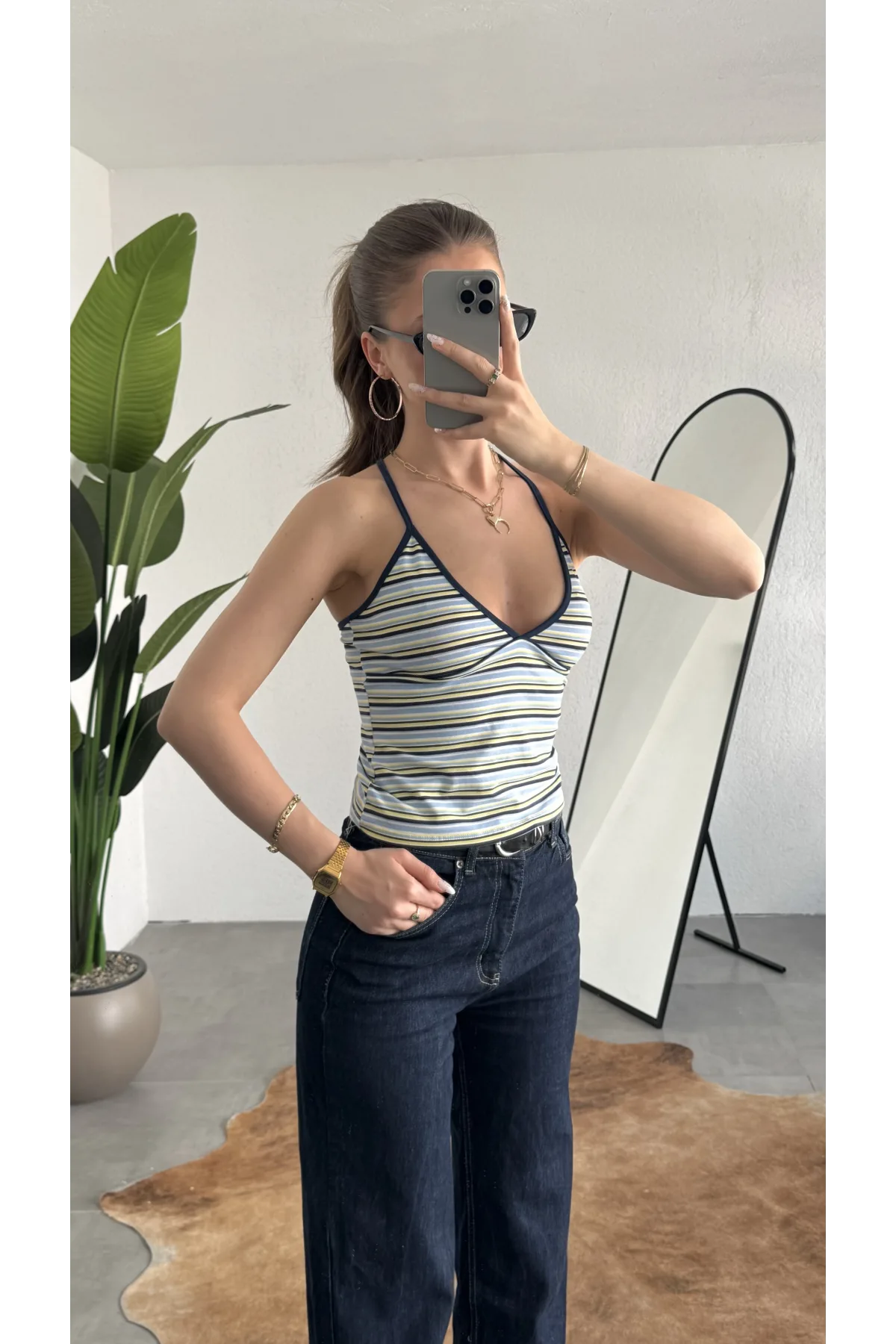 Kadın Mavi Sarı Çizgili Boyundan Bağlamalı Askılı Atlet Bluz Body