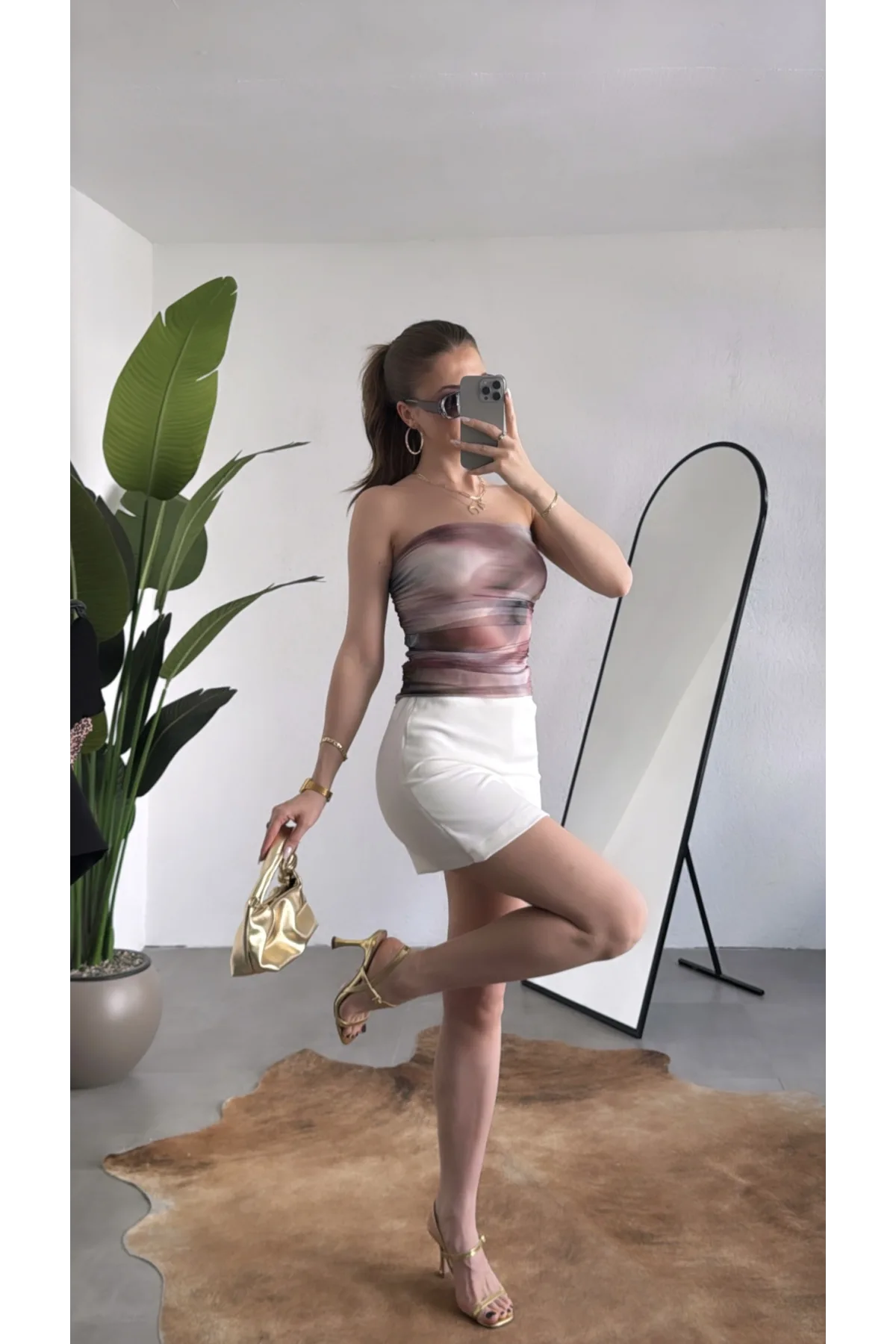 Kadın Ebru Desenli Astarlı Tül Korse Bluz - Straplez Body