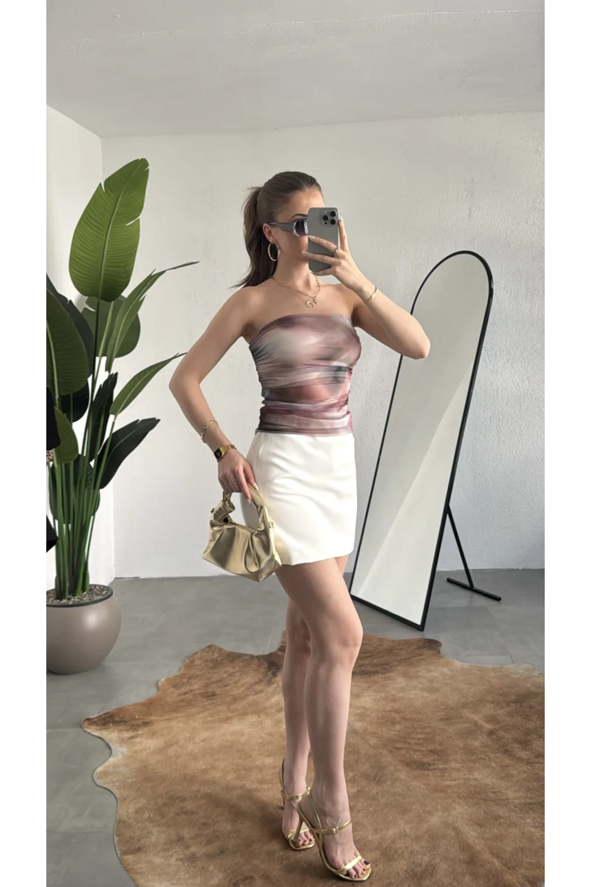 Kadın Ebru Desenli Astarlı Tül Korse Bluz - Straplez Body