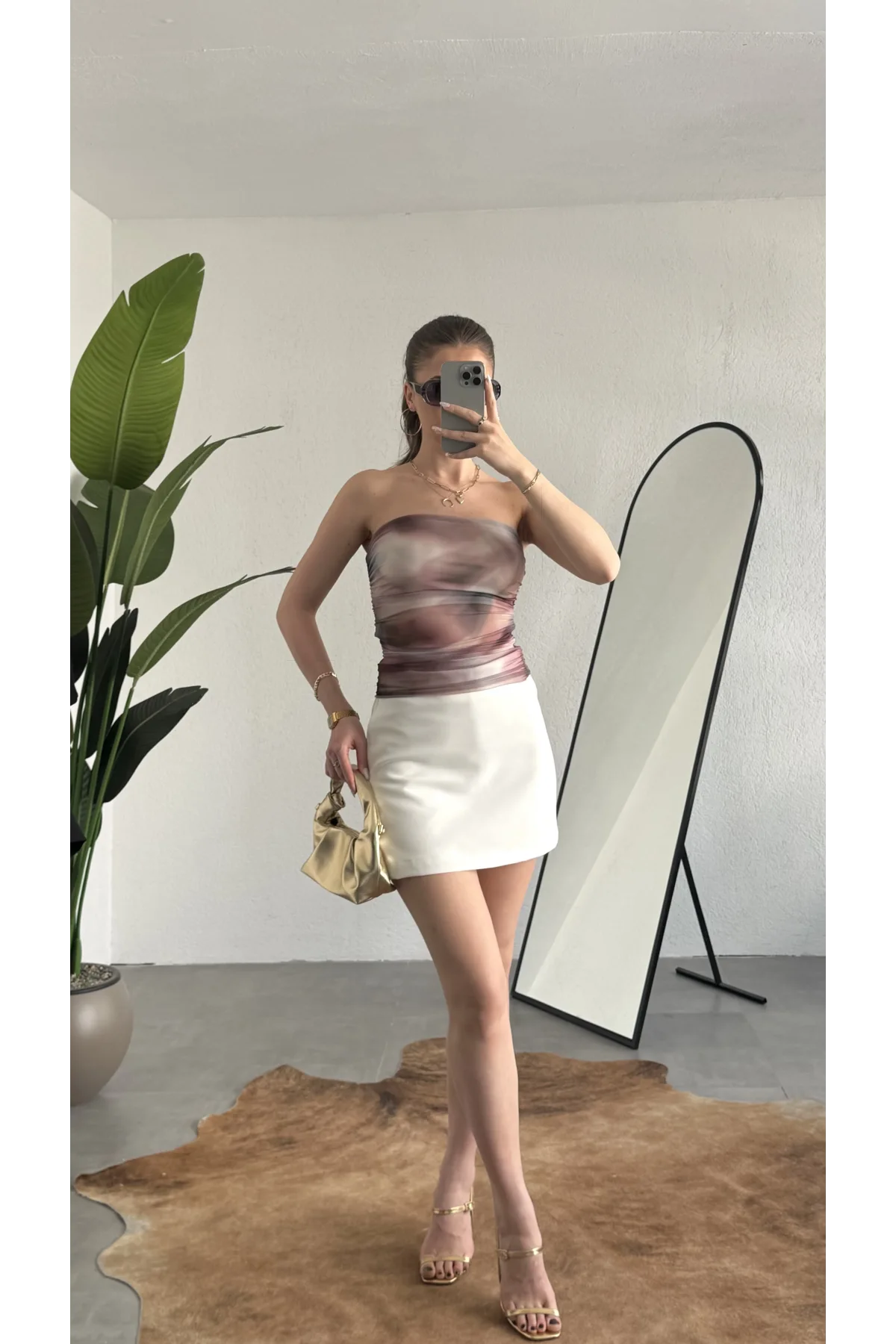 Kadın Ebru Desenli Astarlı Tül Korse Bluz - Straplez Body