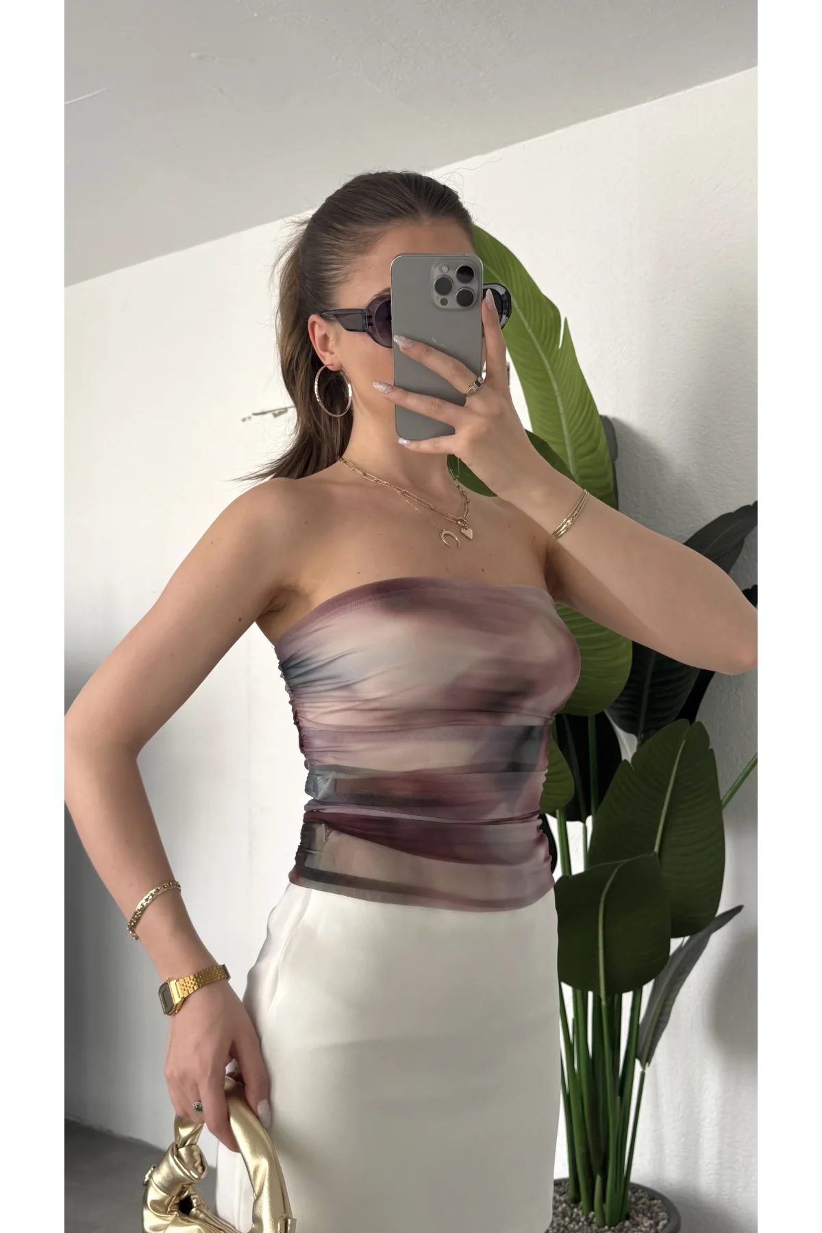 Kadın Ebru Desenli Astarlı Tül Korse Bluz - Straplez Body