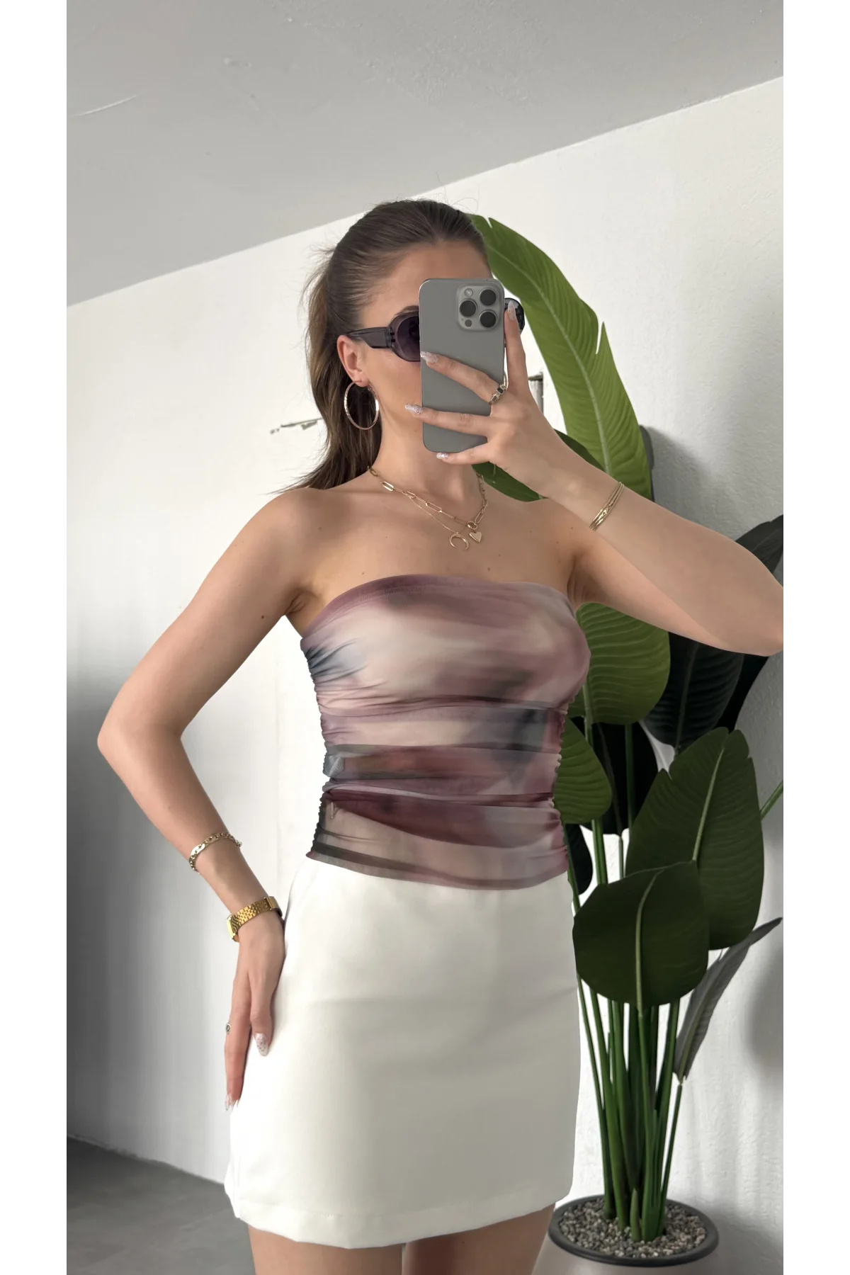Kadın Ebru Desenli Astarlı Tül Korse Bluz - Straplez Body