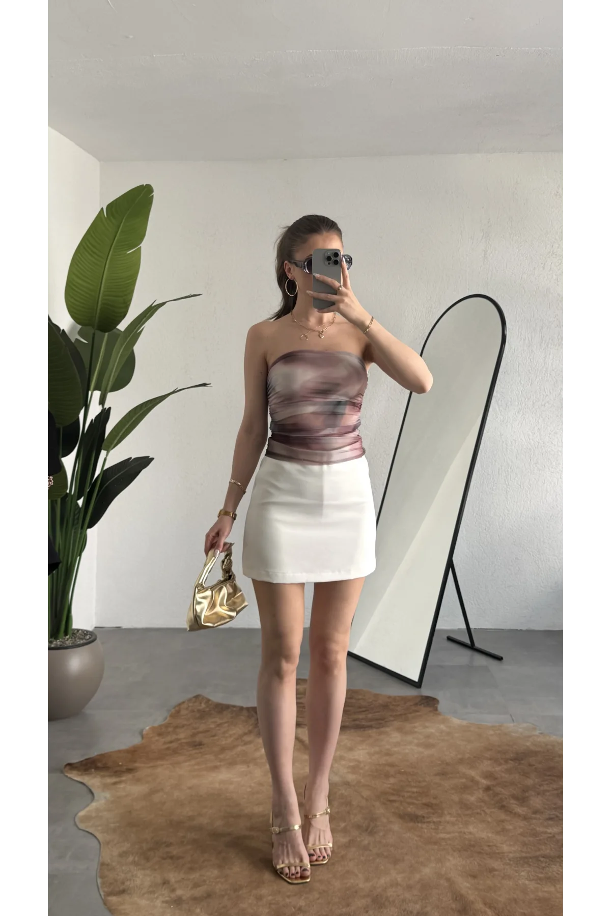Kadın Ebru Desenli Astarlı Tül Korse Bluz - Straplez Body