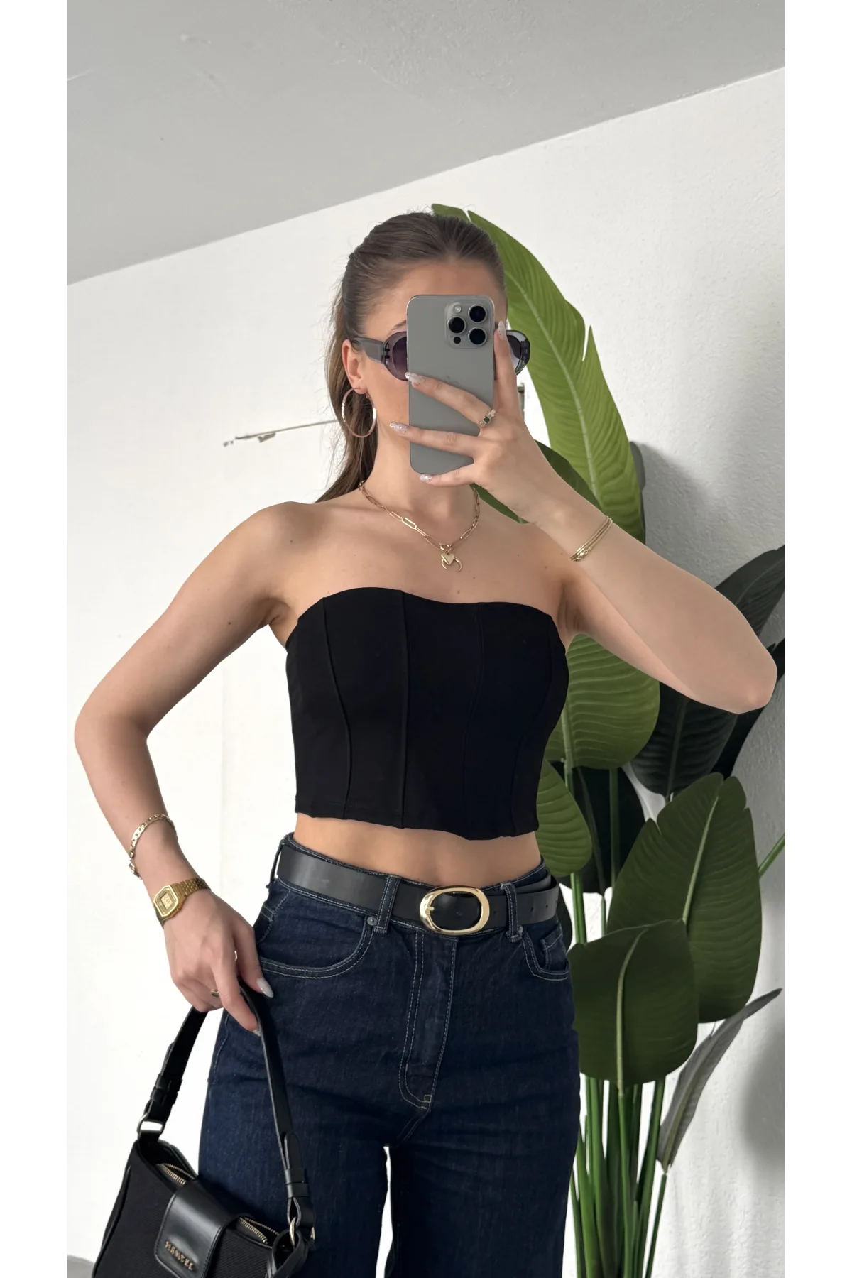 Kadın Siyah Dikişli Straplez Crop Bluz - Korse Model Bustier