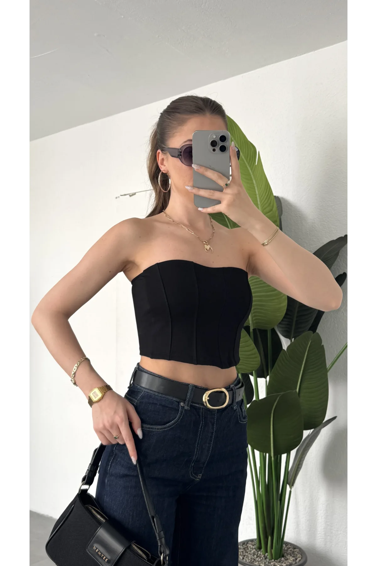 Kadın Siyah Dikişli Straplez Crop Bluz - Korse Model Bustier