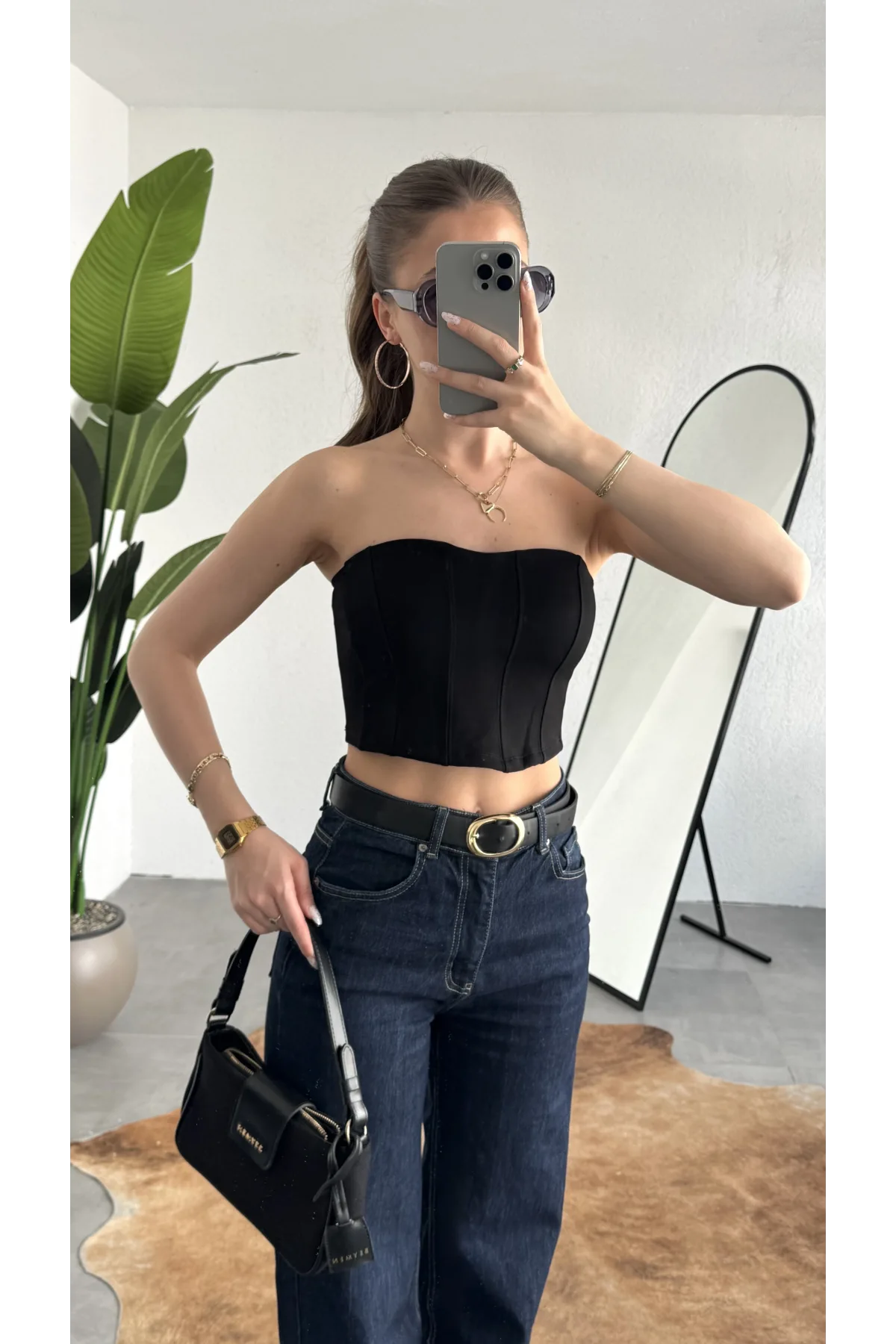Kadın Siyah Dikişli Straplez Crop Bluz - Korse Model Bustier