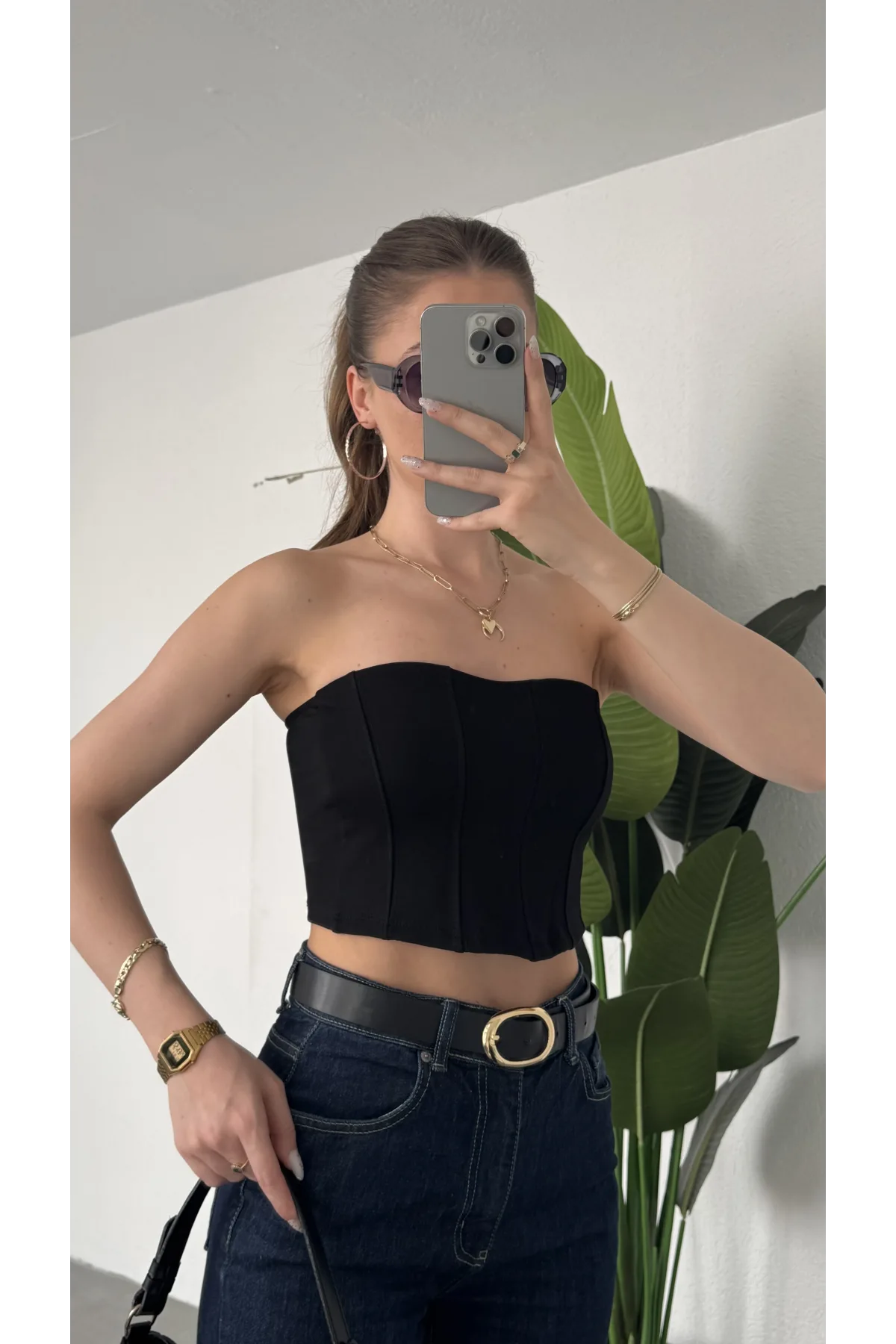 Kadın Siyah Dikişli Straplez Crop Bluz - Korse Model Bustier