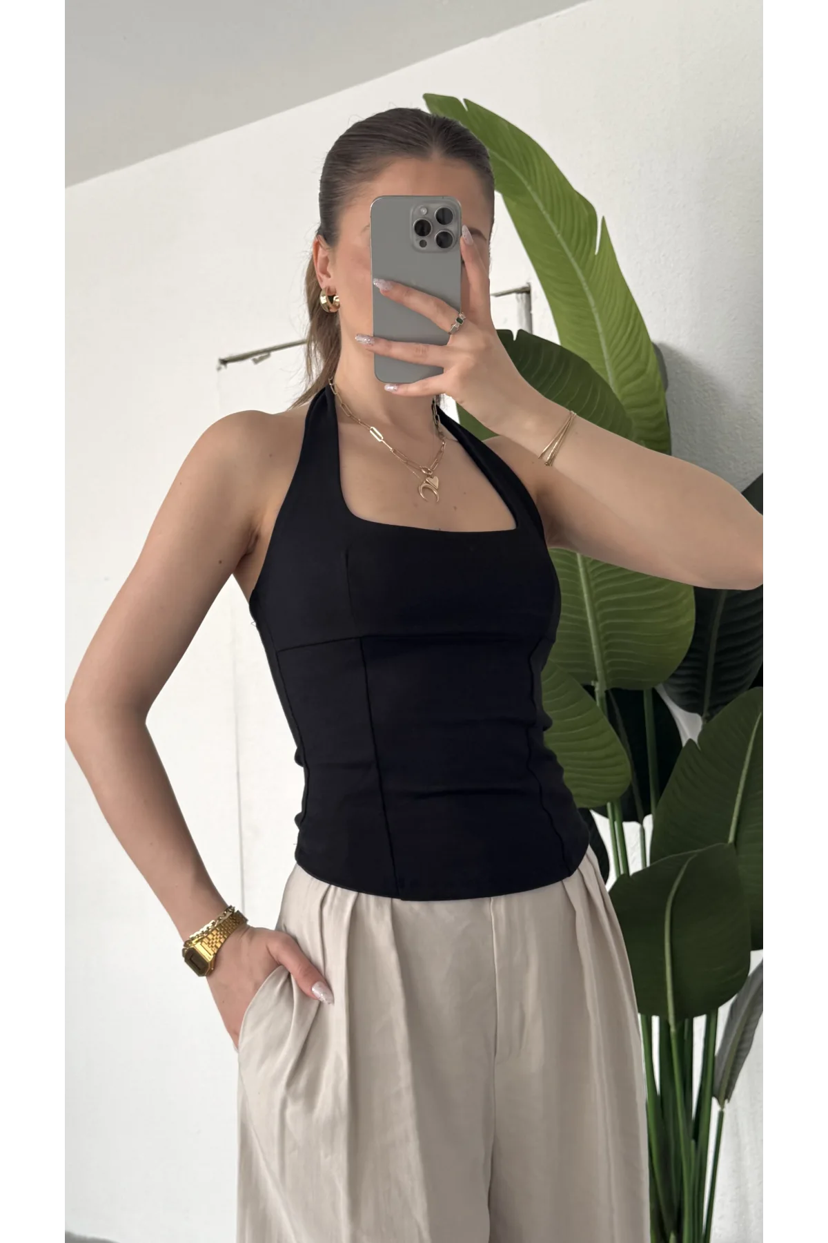 Kadın Siyah Boyundan Bağlamalı Korse Bluz - Kare Halter Yaka Top
