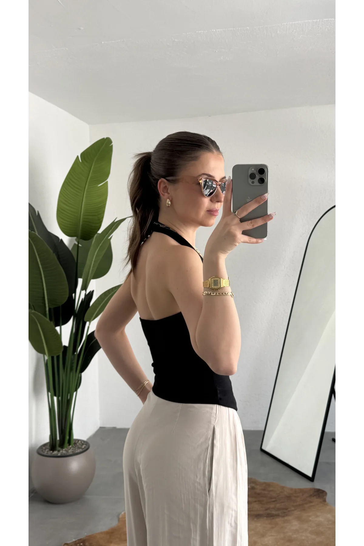 Kadın Siyah Boyundan Bağlamalı Korse Bluz - Kare Halter Yaka Top